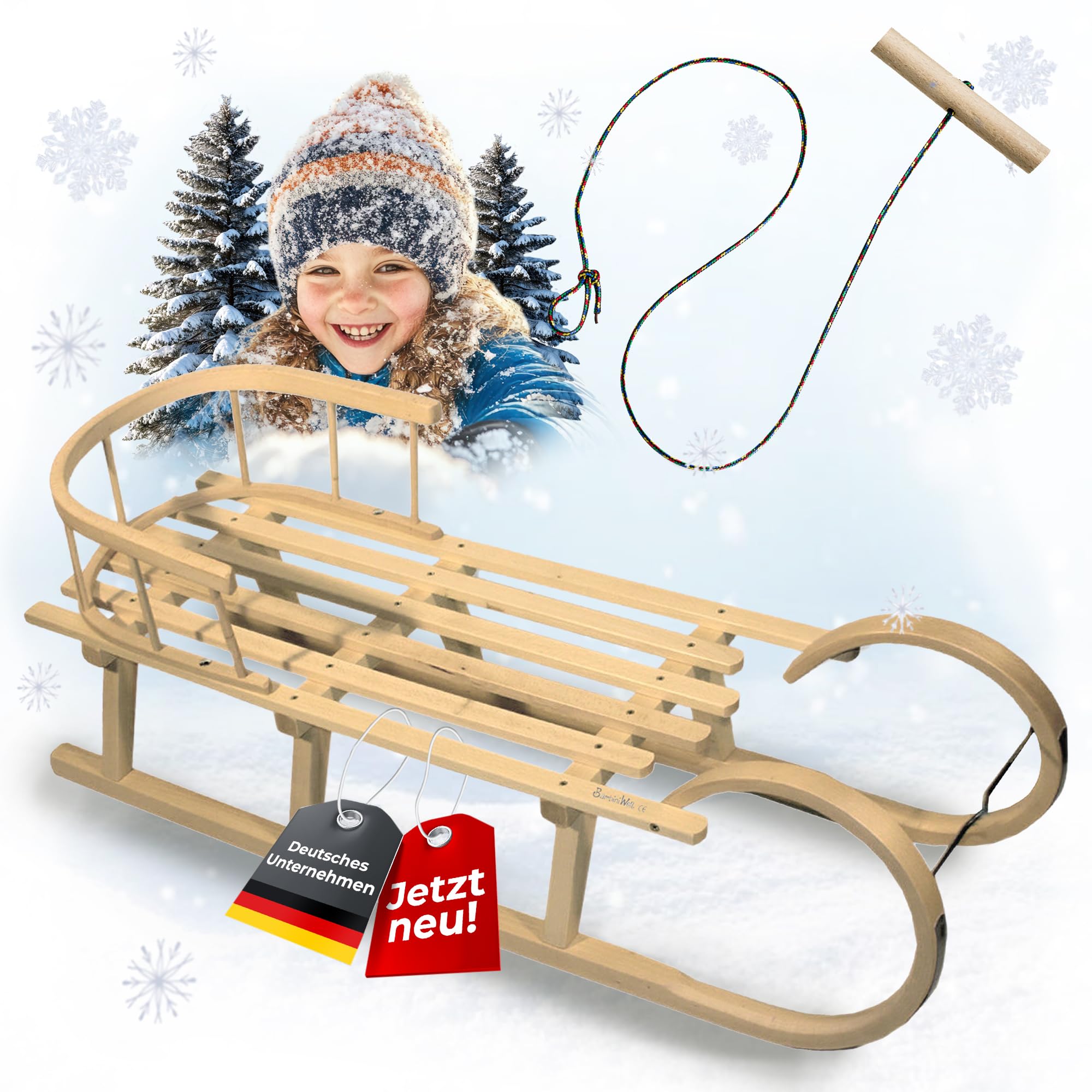 Hörnerrodel 120 cm für 2 Personen mit Rückenlehne - Holzschlitten - massivem Buchenholz - Hörnerschlitten Rodelschlitten mit Lehne Zugseil & Holzgriff - Schneeschlitten robust Leichtlauf-Stahlkufen *