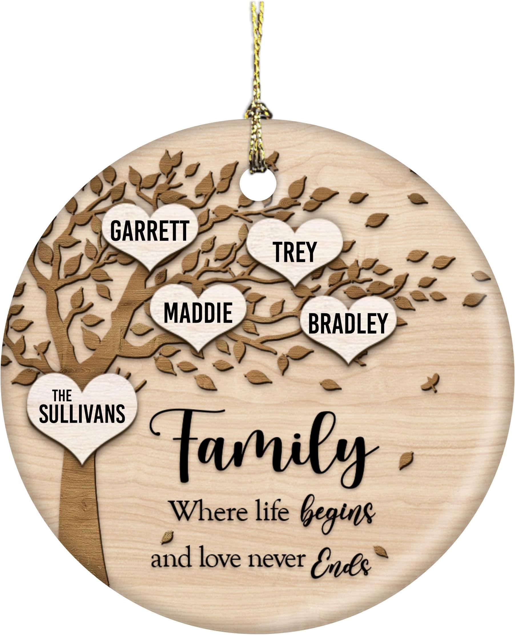 Family Where Life Begins and Never Ends Personalized 3 Inch Ceramic Christmas Ornament with Gift Box (4 Names)