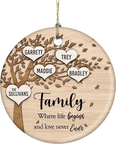 Family Where Life Begins and Never Ends Personalized 3 Inch Ceramic Christmas Ornament With Gift Box (4 Names)