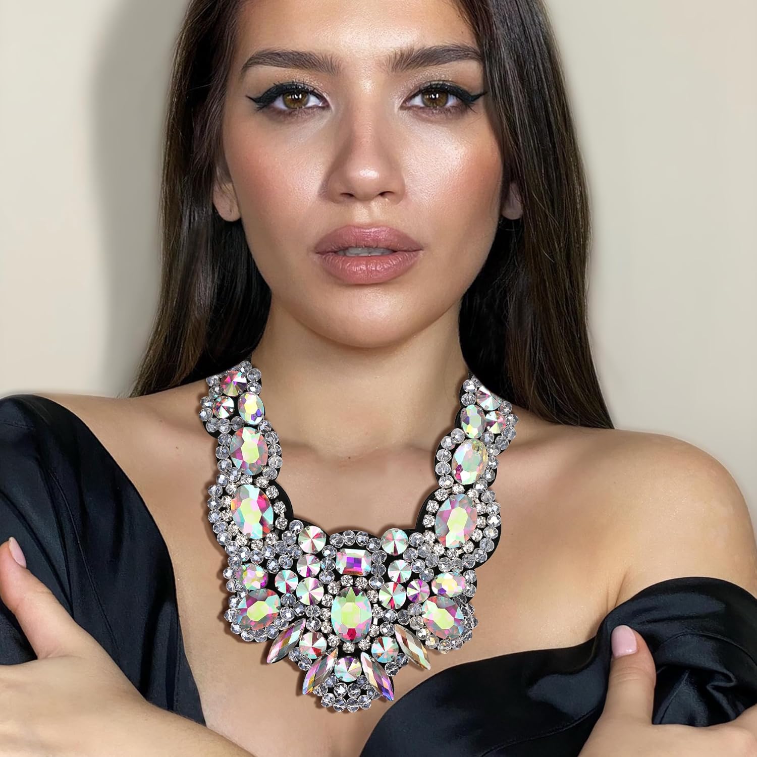 Flyonce Rhinestone Crystal Bib Chunky Collar Statement Necklace for Women Costume Jewelry