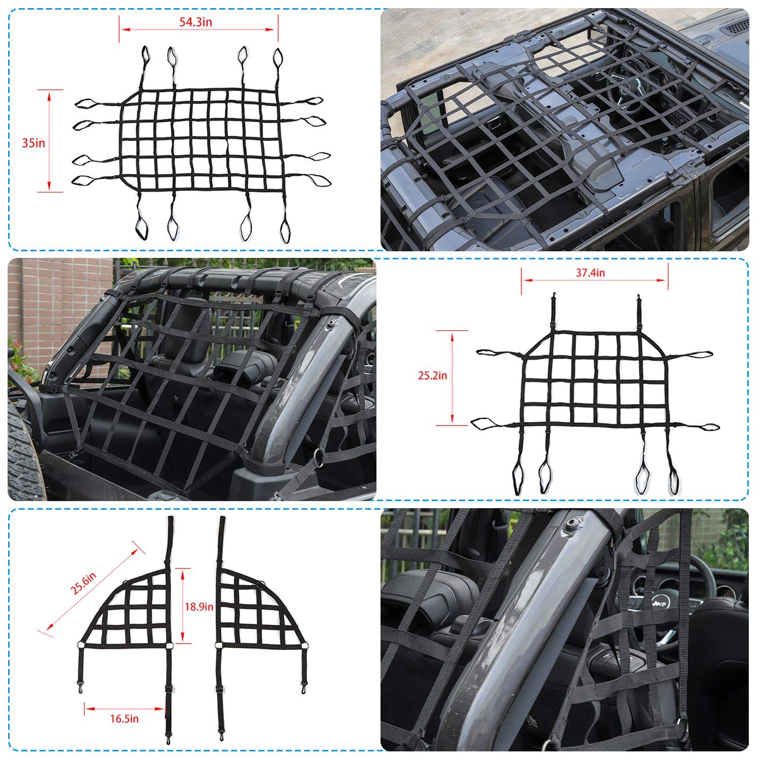 CheroCar Pet Barrier Net Restraint Luggage Rack Protective Cargo Net Trunk Net for Jeep Wrangler 2018 2019 2020 JL JLU 4 Door JL Unlimited Rubicon Sahara X Sport 3 PCS3 Pack Black