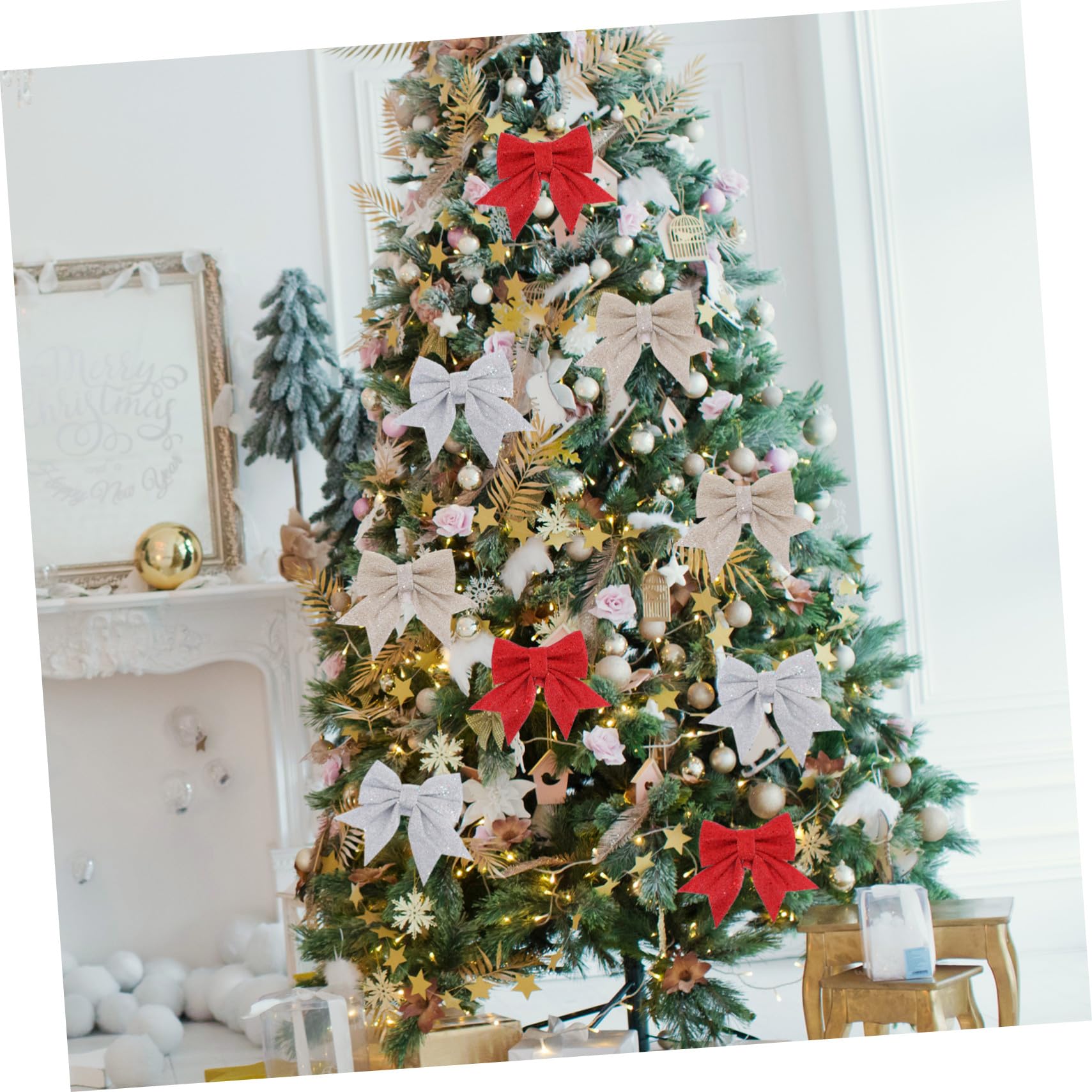 DOITOOL 6 Piezas Colgantes de Navidad Lazos Delicados Adornos para Árboles de Navidad Decoraciones de Lentejuelas para Lazo