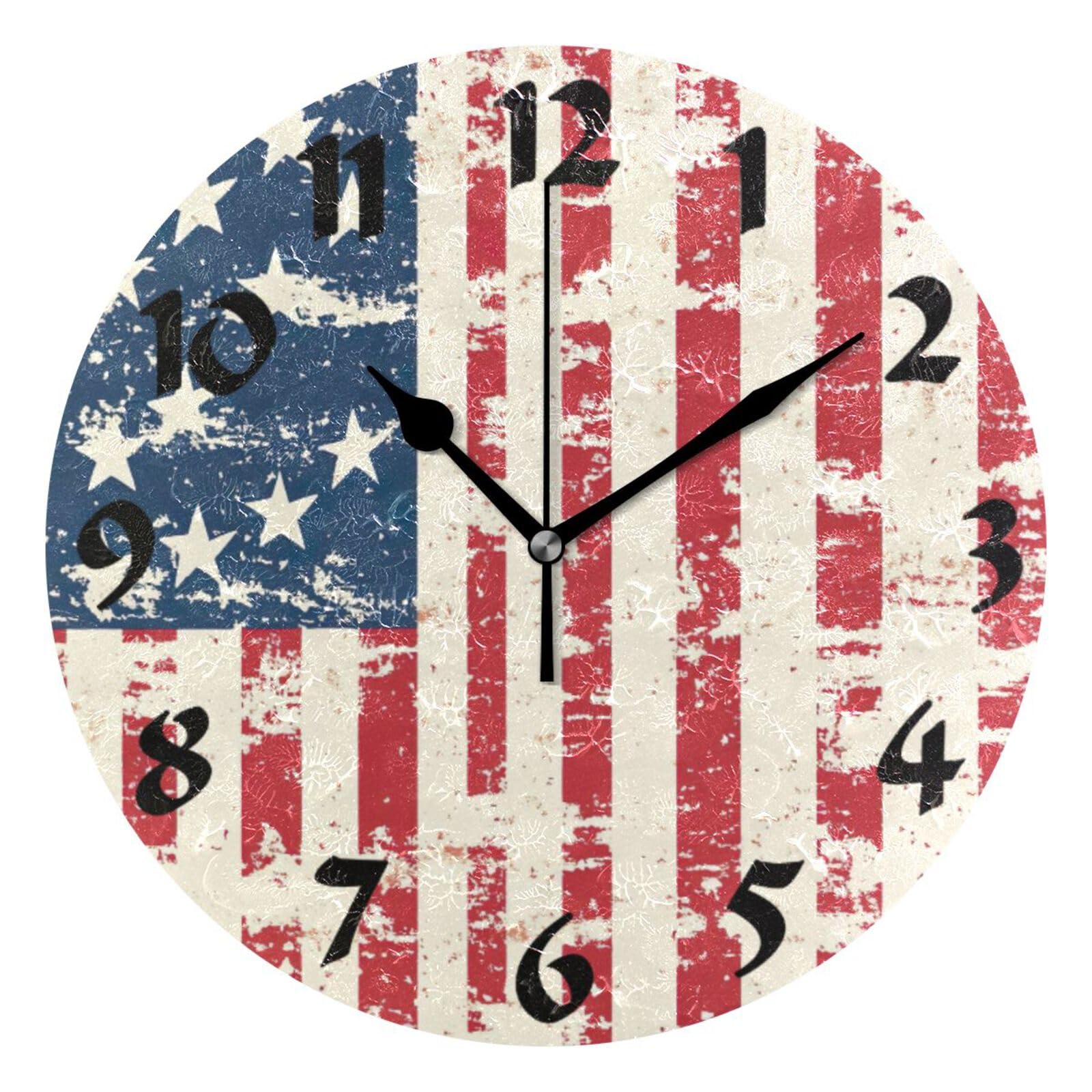 Horloge murale rétro ronde de 25cm motif drapeau américain pour décoration maison