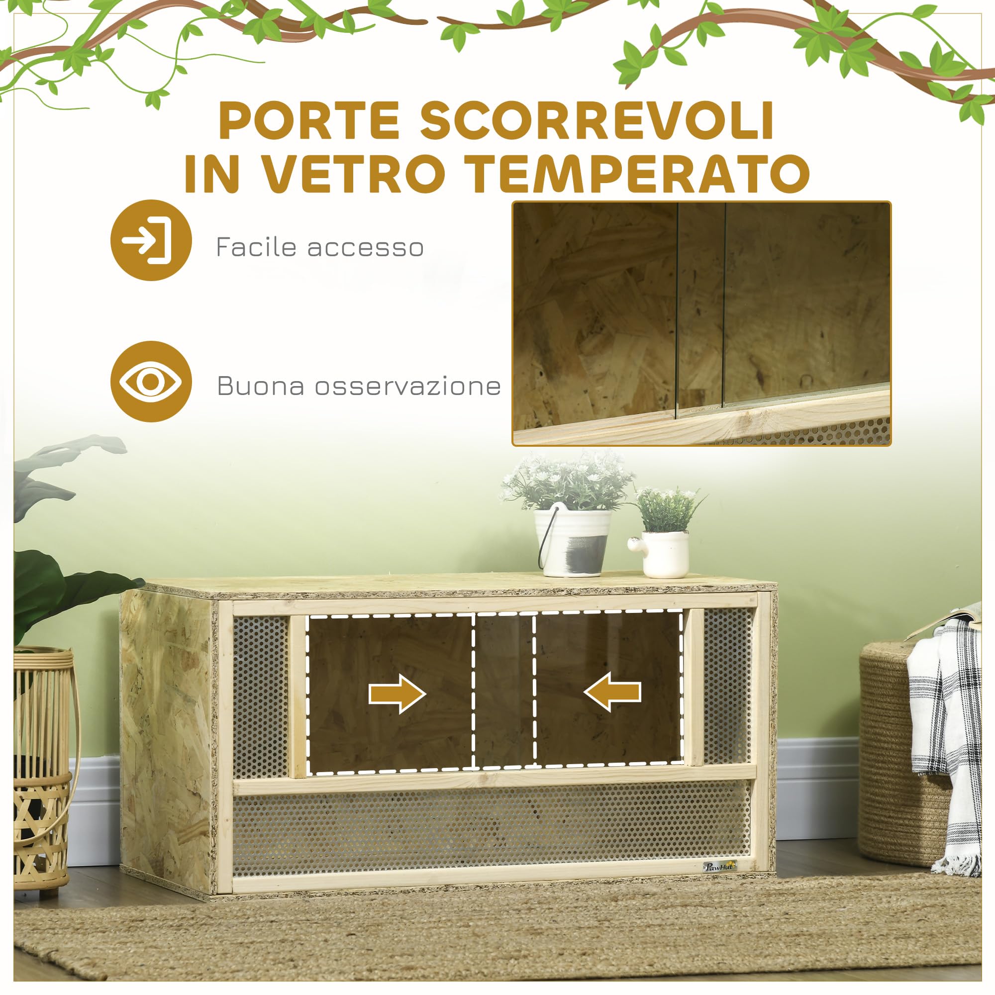 PawHut Terrario per Rettili in Legno, Teca per Rettili con Pannelli in Rete e Porte in Vetro Scorrevoli, Rettilario Multiuso, per Camaleonte, Lucertole, Serpente, 40x80x40 cm