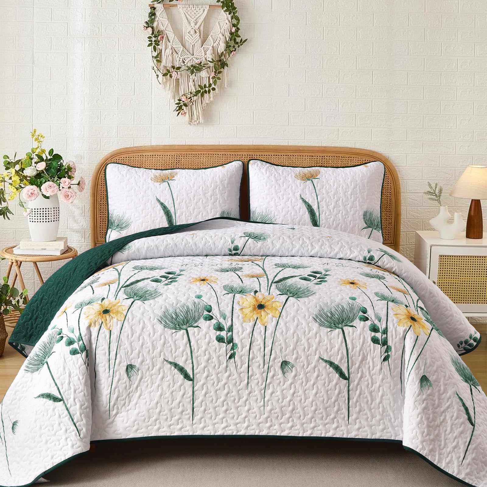 Dinjoy Green Quilt Set King Size, Boho Floral Bedspreads, Autumn Bedding