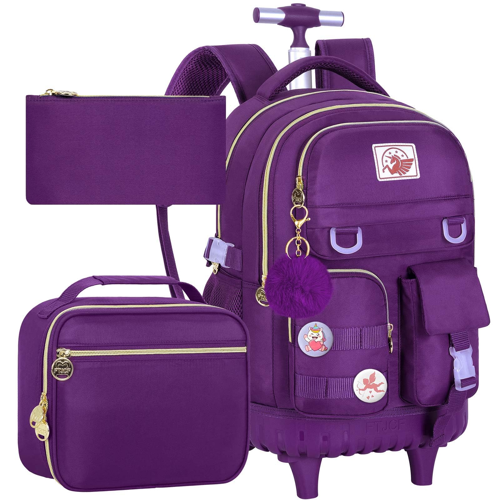 Rolling Backpack for Girls Women, 21 inch Water Resistant Roller Wheels Backpacks, Wheeled Bookbag with Lunch Bag for Teen Elementary School Travel - Dark Purple