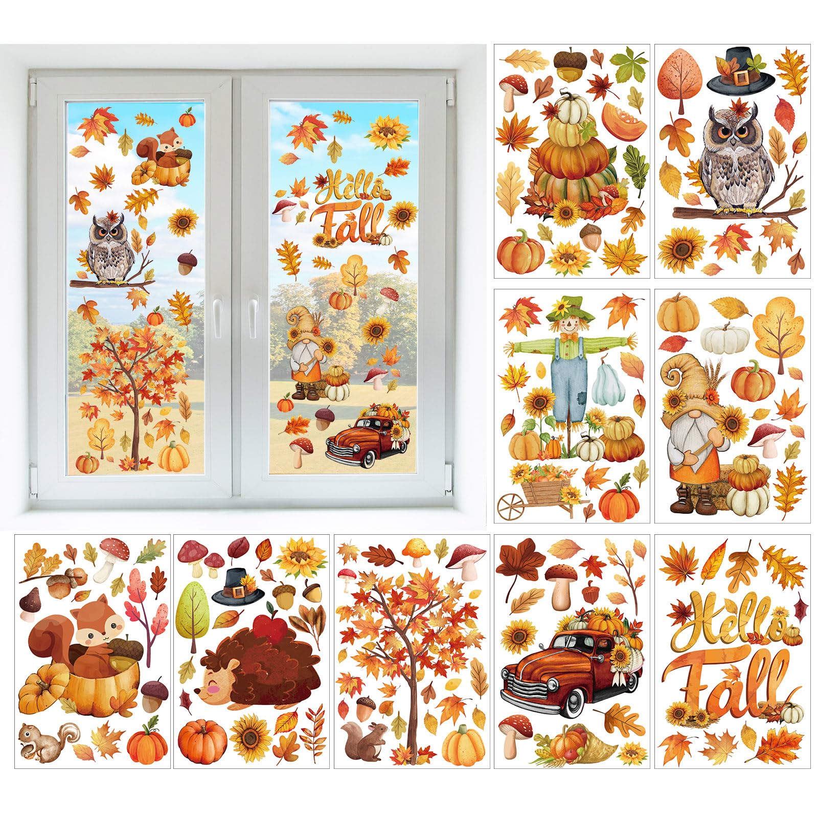 150Pcs Fall Window Clings，Thanksgiving Window Stickers Pumpkin Maple Leaf Double-Sided Window Art Seasons Decals for Autumn School Home Office Accessories Toddler Party Supplies Gifts, 9 Sheets (fall)