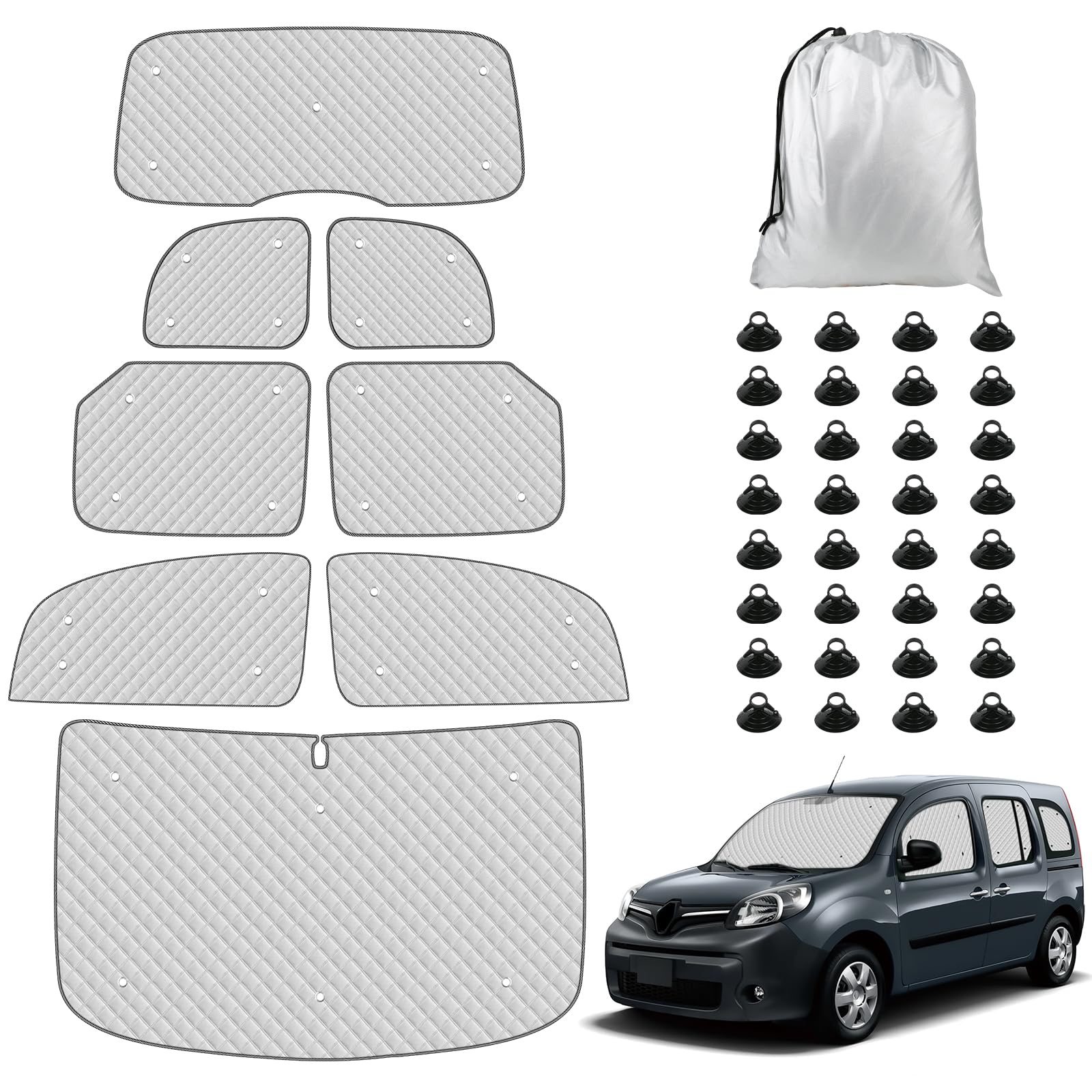 Parasol para Parabrisas Compatible con Renault Kangoo Second Generation II X61 2007-2021, 8 Piezas Juego de Protector de Parabrisas, Juego de Ventana de Persiana Térmica Interior, 100% Oclusión