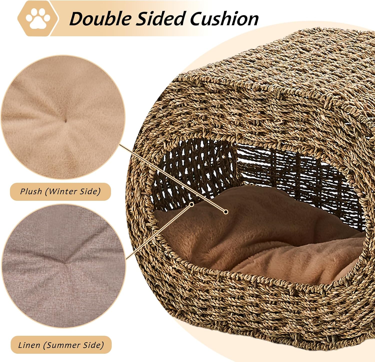 Cat House,Handwoven Cat Cave Pet Cube, Natural Cat Beds Indoor Kitten House with Double-Sided Soft Cushions, Pet Cat House for Multiple Cats, for Living Room Bedroom