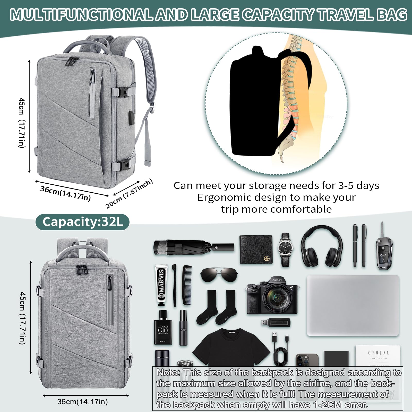 Zaino 45x36x20 per Easyjet, Zaino da Viaggio Aereo Bagaglio a Mano Grigio Chiaro Zaino Porta PC Donna Uomo Impermeabile Zaino Bagaglio a Mano per Tutte le Principali Compagnie Aeree, con Porta USB 32L