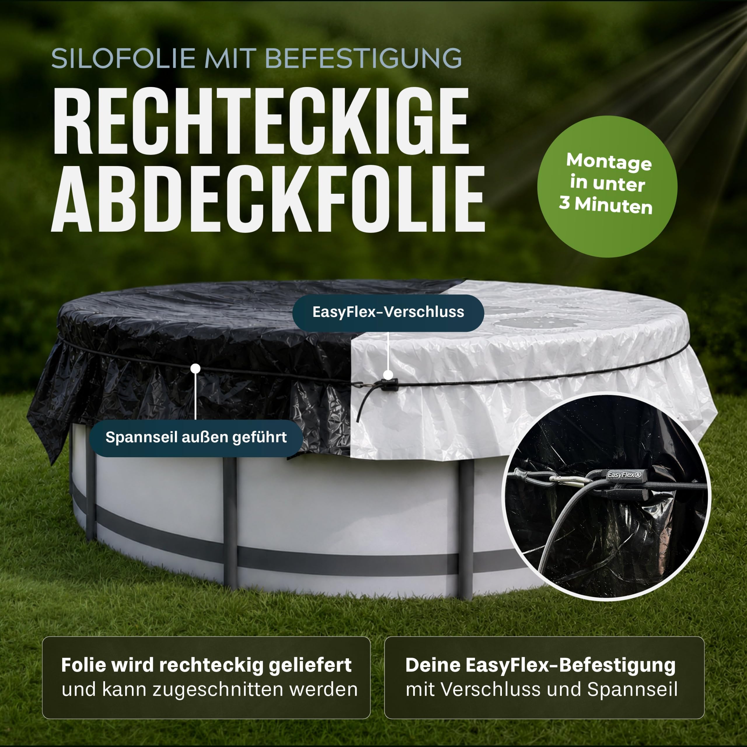 Pool-Abdeckfolie Set 5x5m aus Silofolie mit Spannseil & EasyFlex-Verschluss