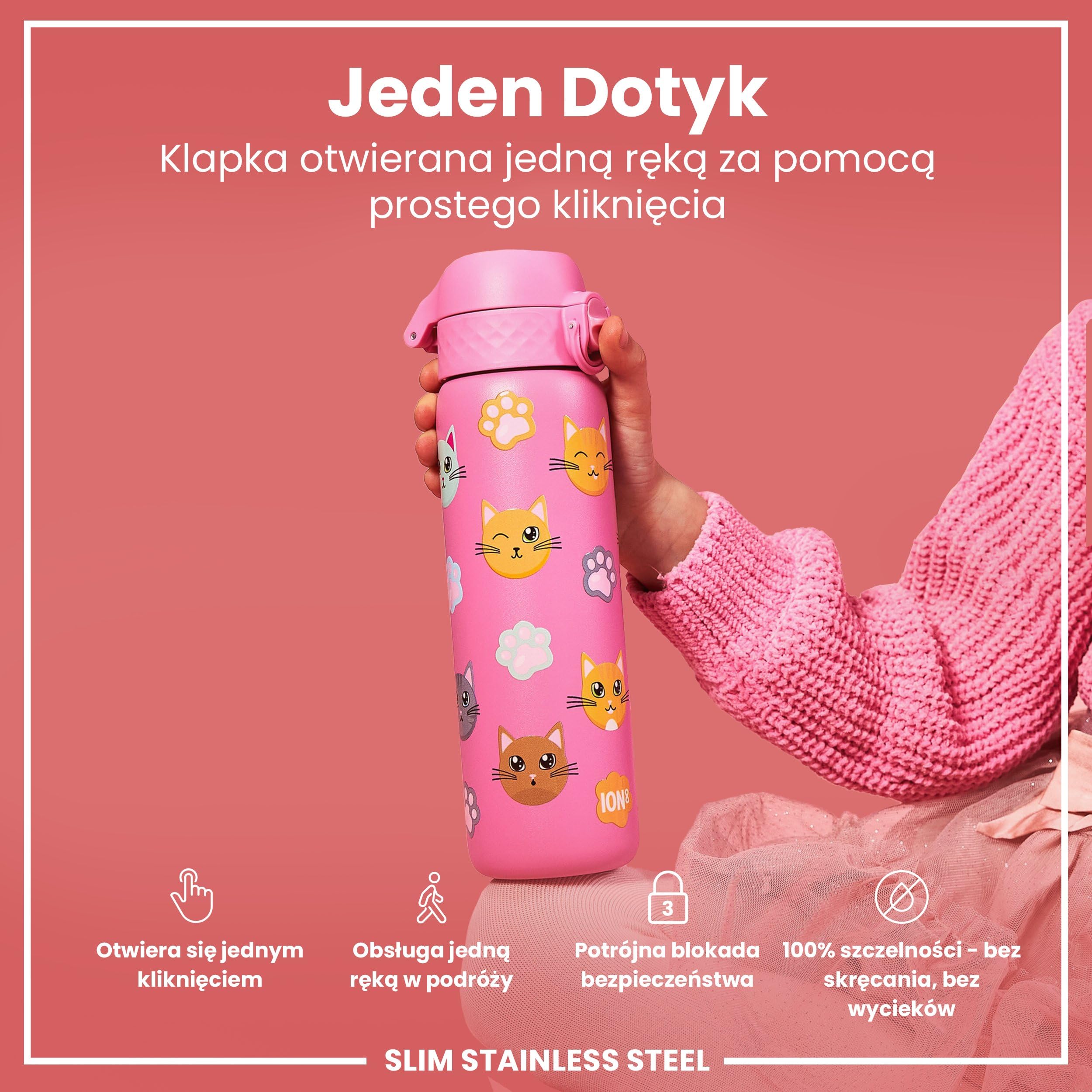 ION8 Butelka na Wodę, 500 ml/18 oz, Szczelna, Łatwe Otwieranie, Bezpieczny Zamek, Można Myć w Zmywarce, Bez BPA, Higieniczne Pokrycie, Uchwyt do Przenoszenia, Łatwa Czyszczenie, Bezwonny, Motyw Koty