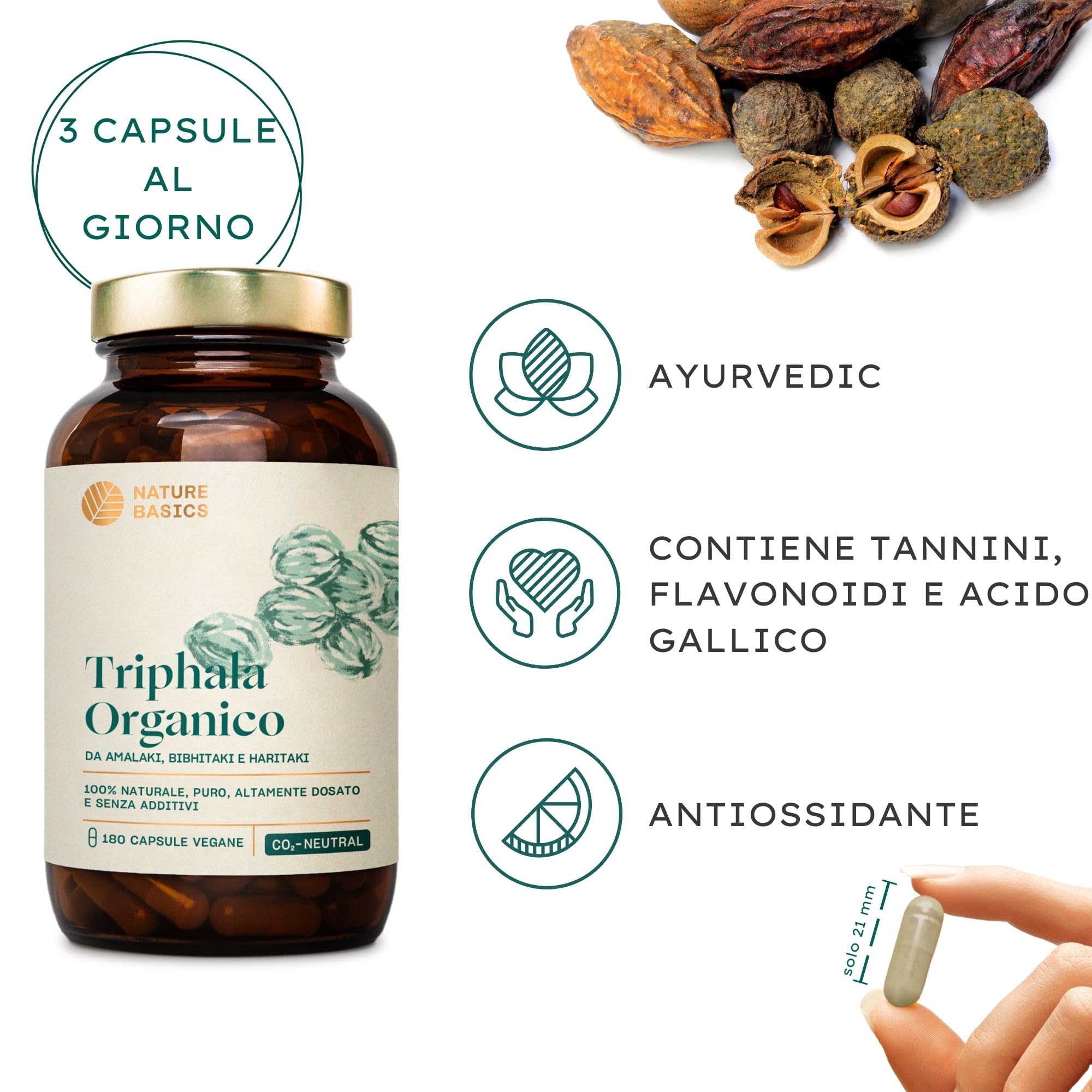 Nature Basics® BIO Triphala capsule certificate e in barattolo | Triphala ayurvedica altamente dosata con 1.500 mg per dose giornaliera | 180 capsule testate in laboratorio e provenienti da DE