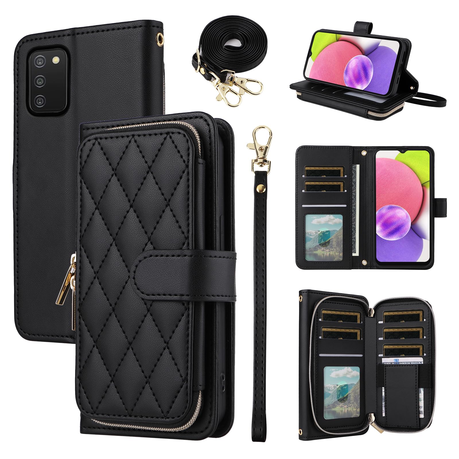 Furiet Argyle Wallet Case for Samsung Galaxy A03s US Version 5G 2022 with Wrist Strap Shoulder Strap, 9+ Card Slot Zipper Purse Stand Checkered Phone