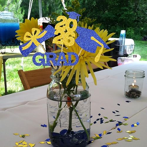 Miniatura 4 de Centro de mesa azul dorado para decoración de graduación, decoración de mesa de graduación con purpurina, suministros de felicitaciones, 16 piezas