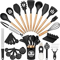 Astercook 39-Piece Silicone Kitchen Utensils Set with Wooden Handles - 446°F Heat Resistant, BPA-Free for Nonstick Cookware, Black