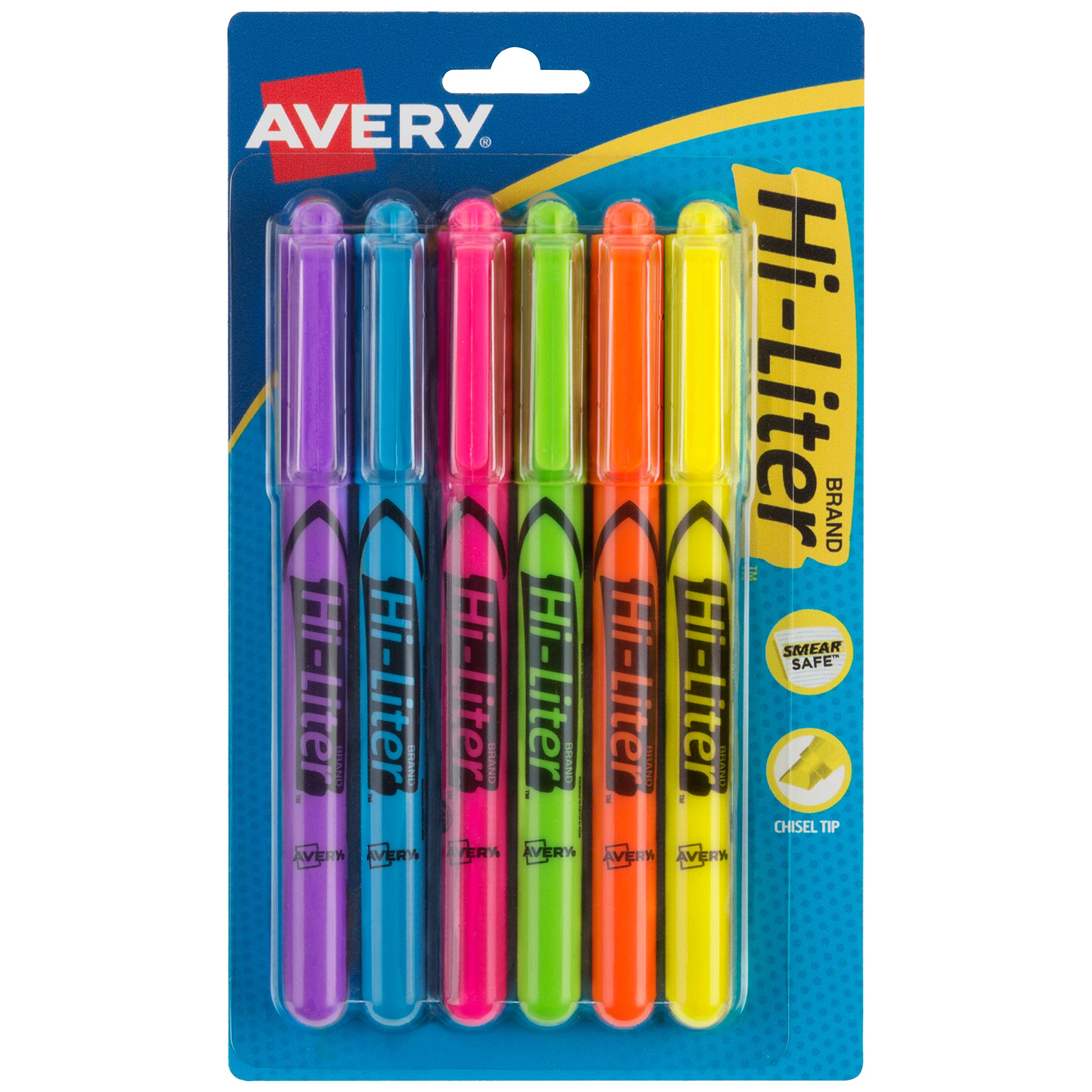 AVERYHi-Liter Pen-Style Highlighters, Smear Safe Ink, Chisel Tip, 6 Assorted Color Highlighters, 6 Packs (23585)