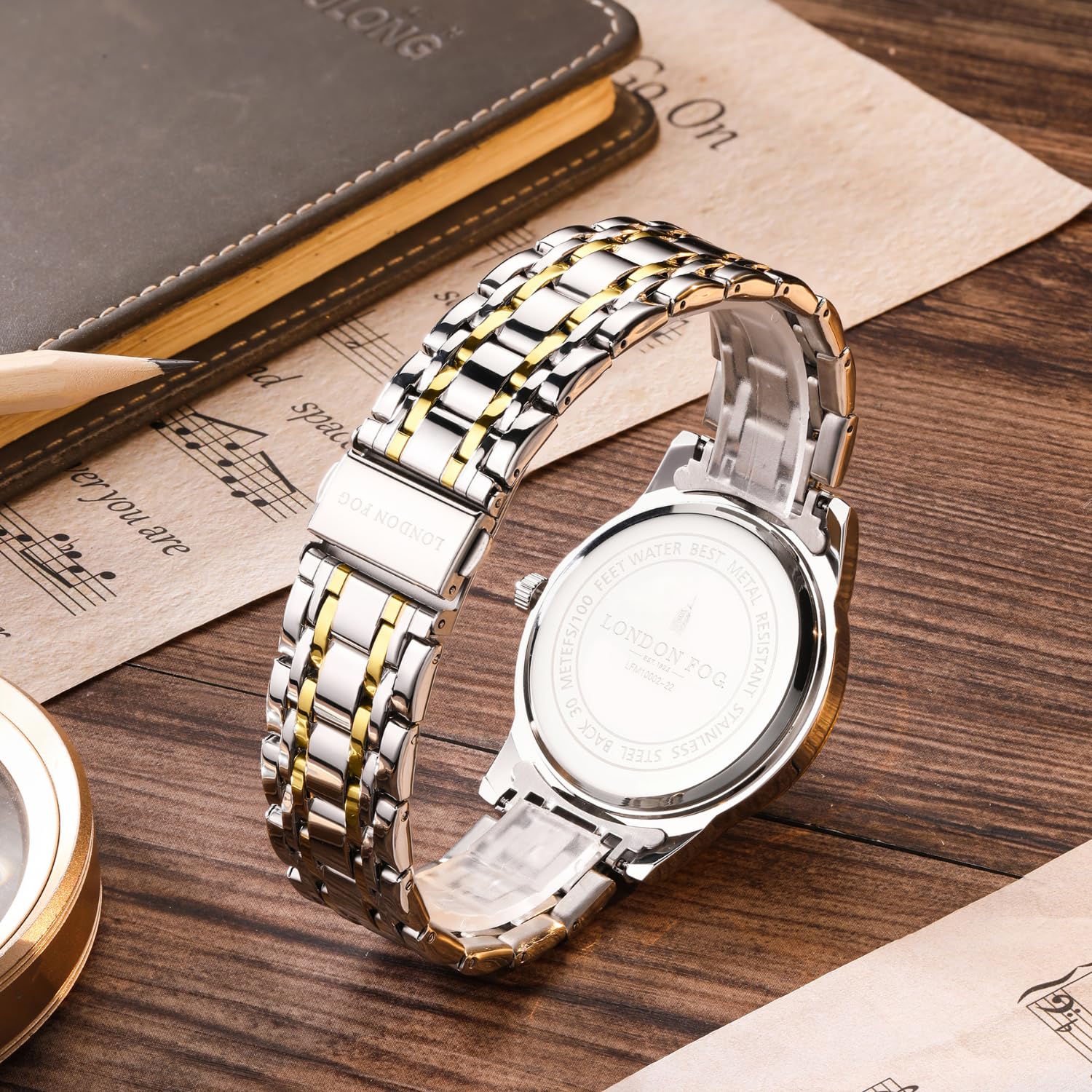 London Fog Regent Collection Analog Quartz Watch for Men with White Dial and Two Tone Silver Gold Stainless Steel Strap, Metal Case, Date Display, Luminous Hands & Hour Markers, Water Resistant 3