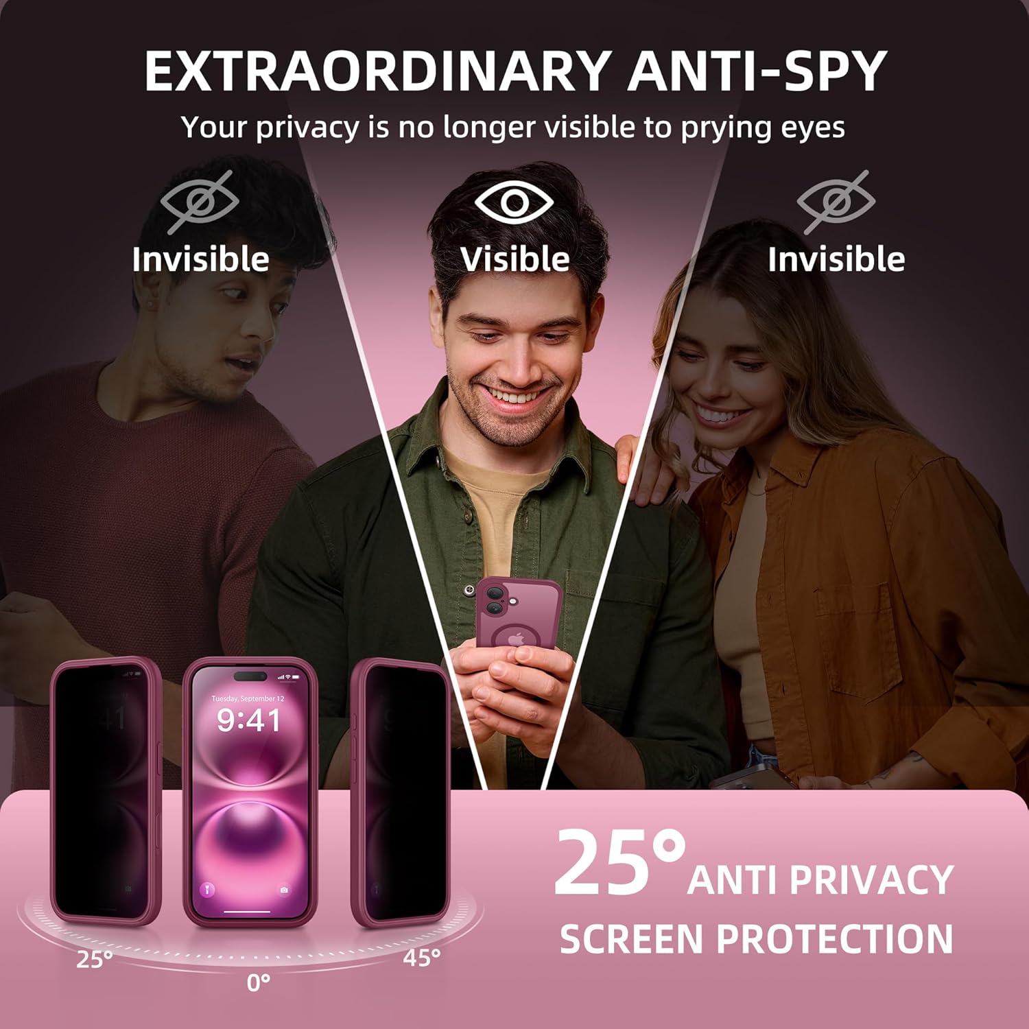 BERFY for iPhone 16 Plus Case, Compatible with MagSafe, Built-in Privacy Screen Protector and Camera Protection, Anti-Spy Full Body Shockproof Matte Phone Case for 16 Plus 6.7", Dark Red - Image 2