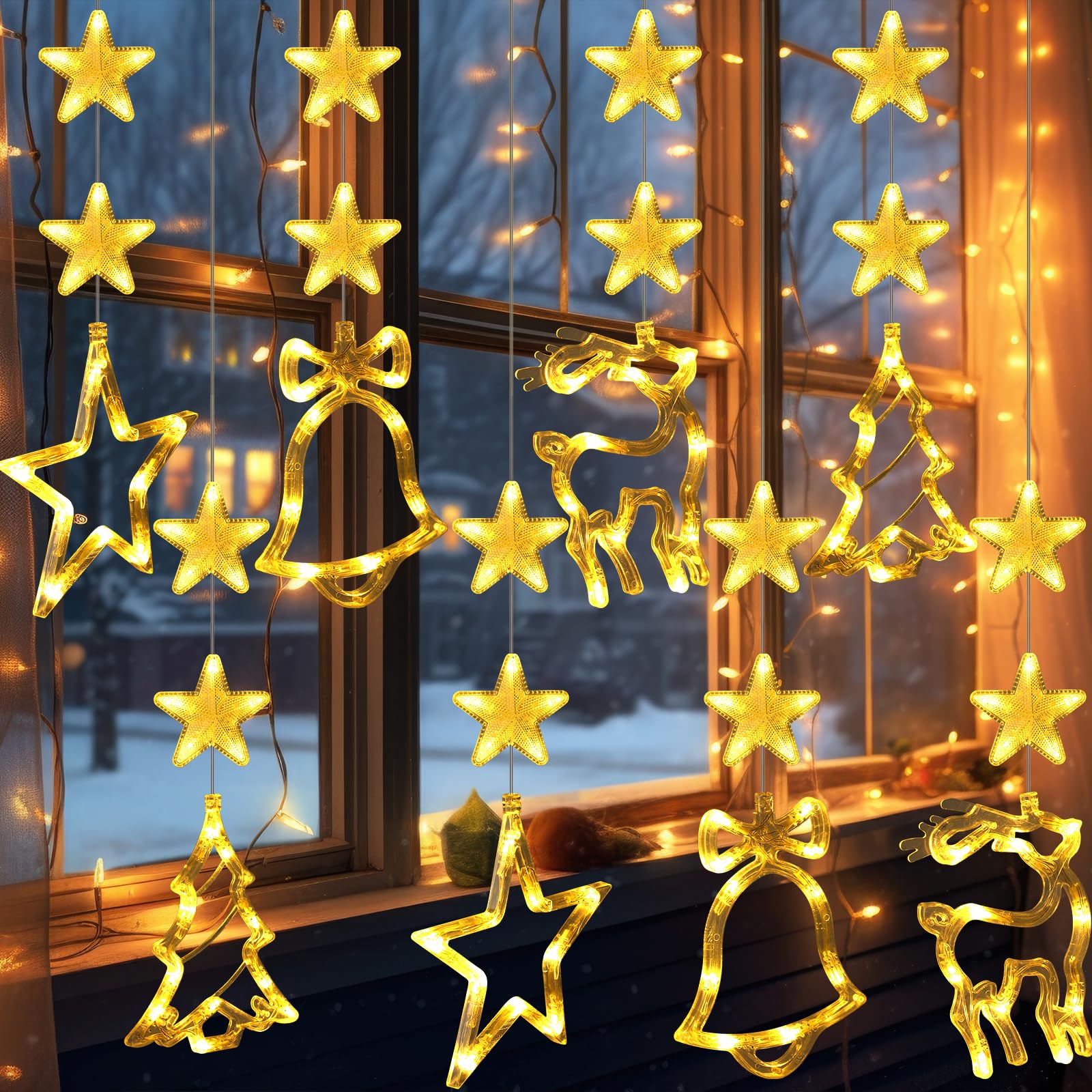 8Pcs Christmas Window Lights Bell Tree Star Christmas Window Decorations Battery Operated Hanging String Curtain Lights Christmas Silhouette LED Lights Sucker Lamp for Xmas Decor (Warm White)