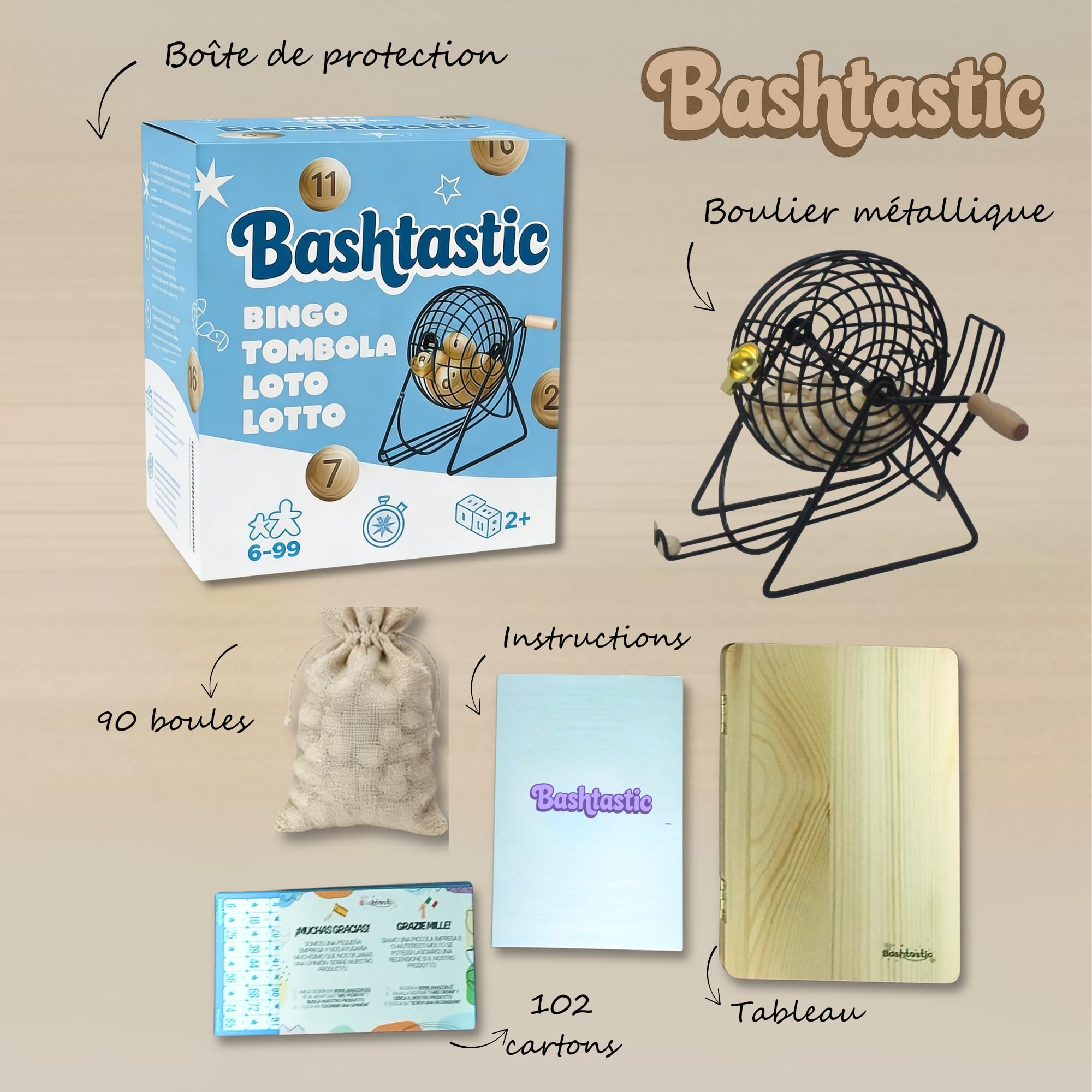 Bingo Jeux Loto - Bingo avec Boulier Loto Métallique, Tableau en Bois Pliable Gravé, 90 Boules en Bois Gravées et 102 Cartons Loto Réutilisables. Idéal pour Jouer en Famille et Entre Amis