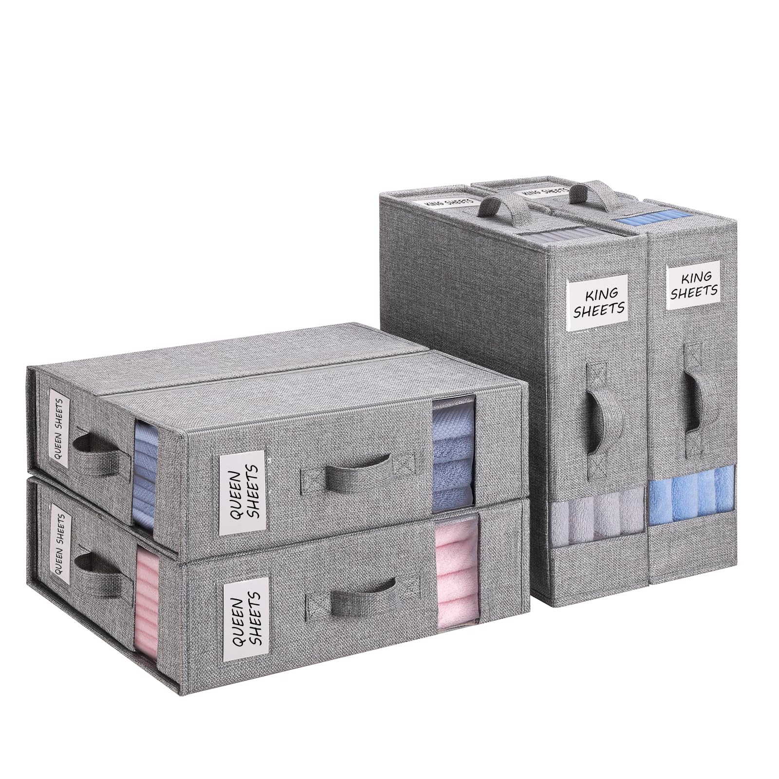 JELNER Bed Sheet Organizers,Foldable Linen Closet Organizers and Storage,4 Pack Linen Closet Storage (Queen or King Size) with Double Window for Bedding Sheets,Duvet Covers and Pillow cases