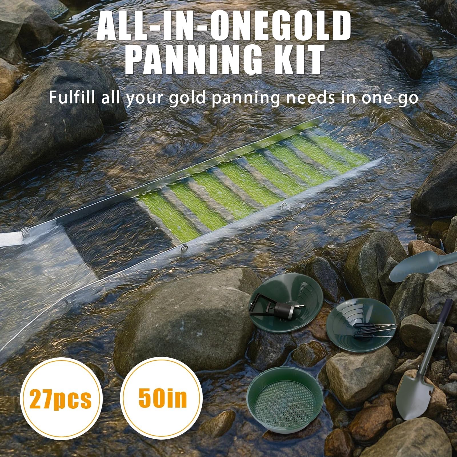 Kit Completo Per La Ricerca De-ll'oro Da 27 Pezzi Con Canaletta Di Lavaggio Pieghevole Da 50", Attrezzatura Portatile In Lega Di Alluminio Per La Prospezione, Include Setaccio Classificatore
