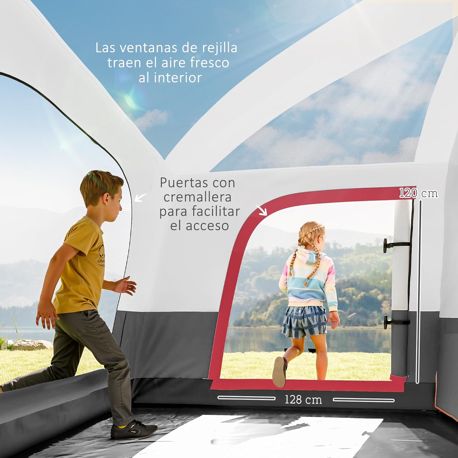 Interior view of the tent showing two separate sleeping areas and a central living space.