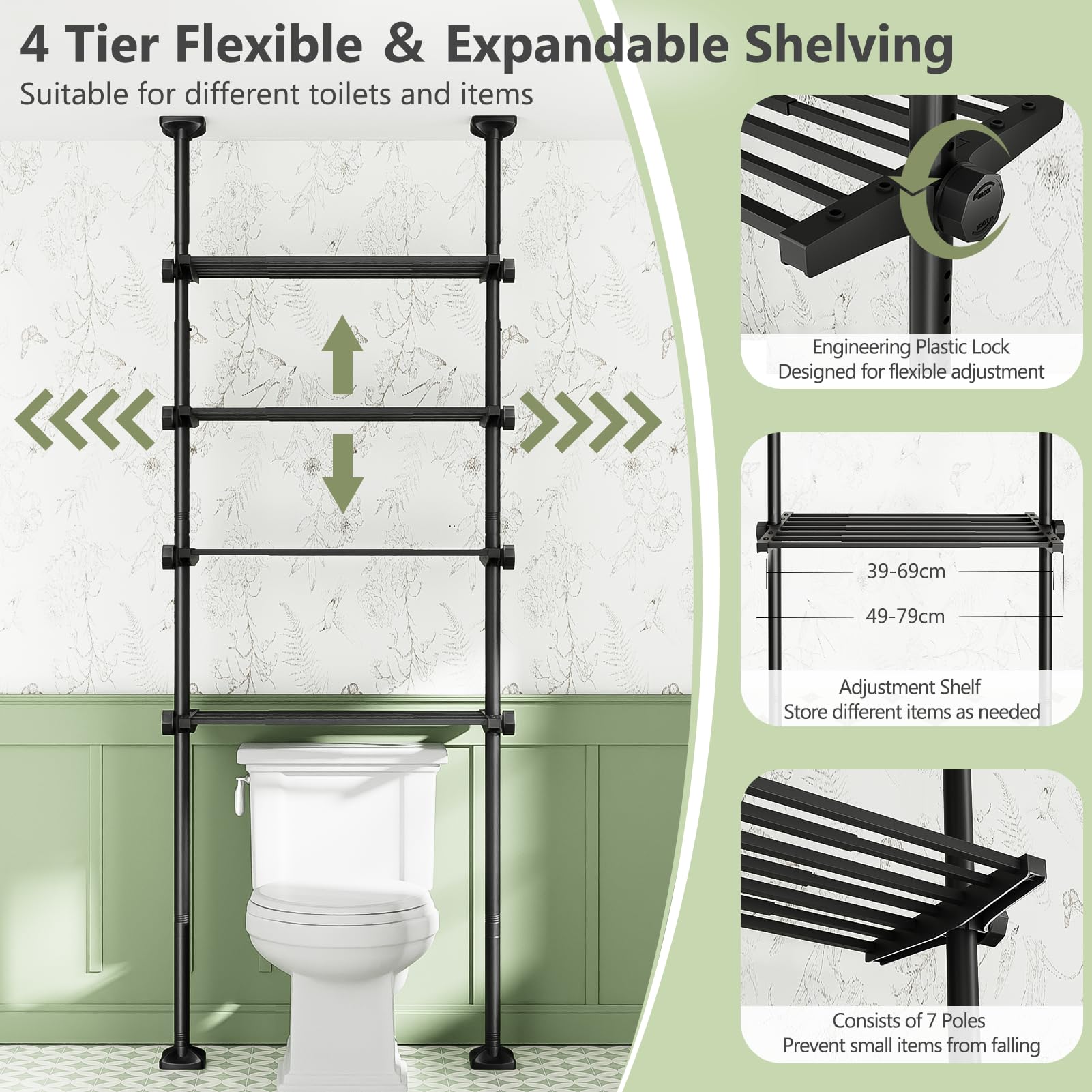 Estantería para inodoro de 4 niveles WELDUN, estante de baño sobre el inodoro ahorrador de espacio, 49-79 cm de ancho, 122-315 cm de alto, estantería para lavadora, organizador de baño, negro