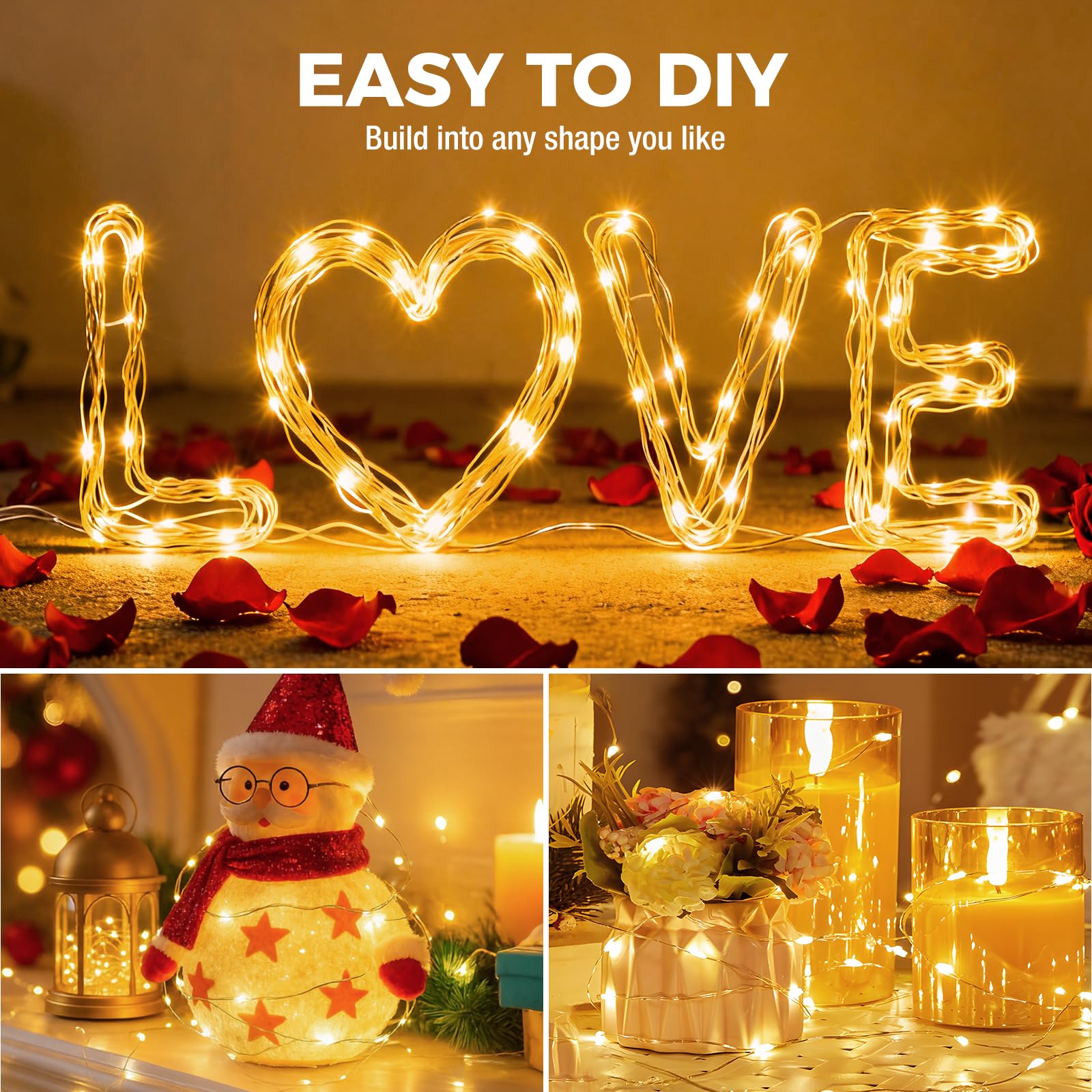 litogo LED-Lichterkette, batteriebetrieben, 20 LEDs, 3 Modi, Mini-Lichterkette, wasserdicht, für Hochzeiten, Einmachgläser, Partys, Weihnachtsdekoration, Warmweiß, 50 Stück