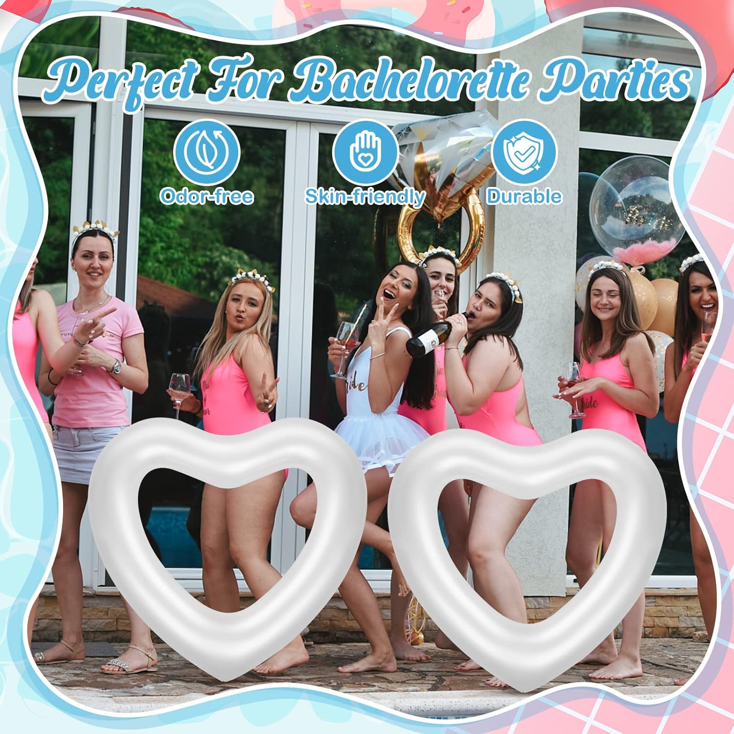 Junkin 47. 3 x 39. 4 Inch White Heart Pool Float Bachelorette Inflatable Swim Float Bride Pool Water Ring Loungers Tube Swimming for Engagement, Wedding, Summer Beach Party(2 Pcs)