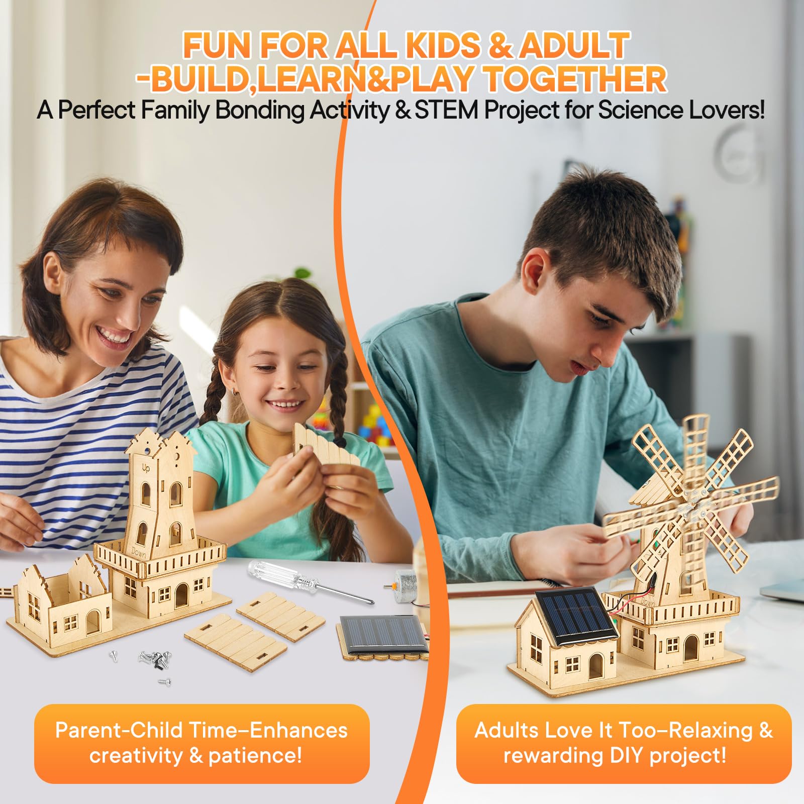 Puzzle 3D a energia solare, kit di costruzione casa smerigliatrice fai da te | giocattolo modellino legno per bambini 8-15 anni e adulti, legno di tiglio, sicuro e solido
