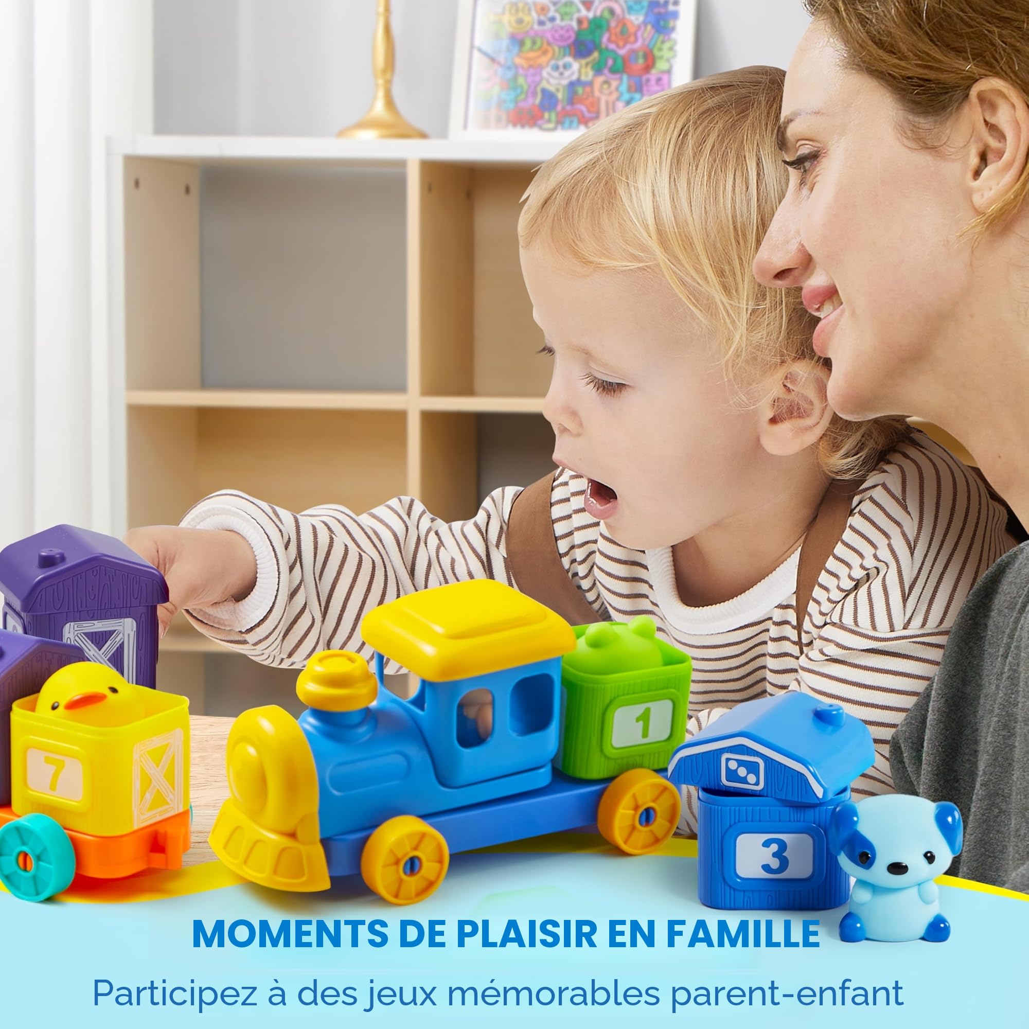 Play-ACT Jouet Montessori Bébé dès 12 Mois, Train Animaux de la Ferme avec 9 Granges Numérotées, Jeu Éducatif de Tri, Couleurs et Chiffres, 10 Marionnettes à Doigts, Cadeau Enfant 1-4 Ans