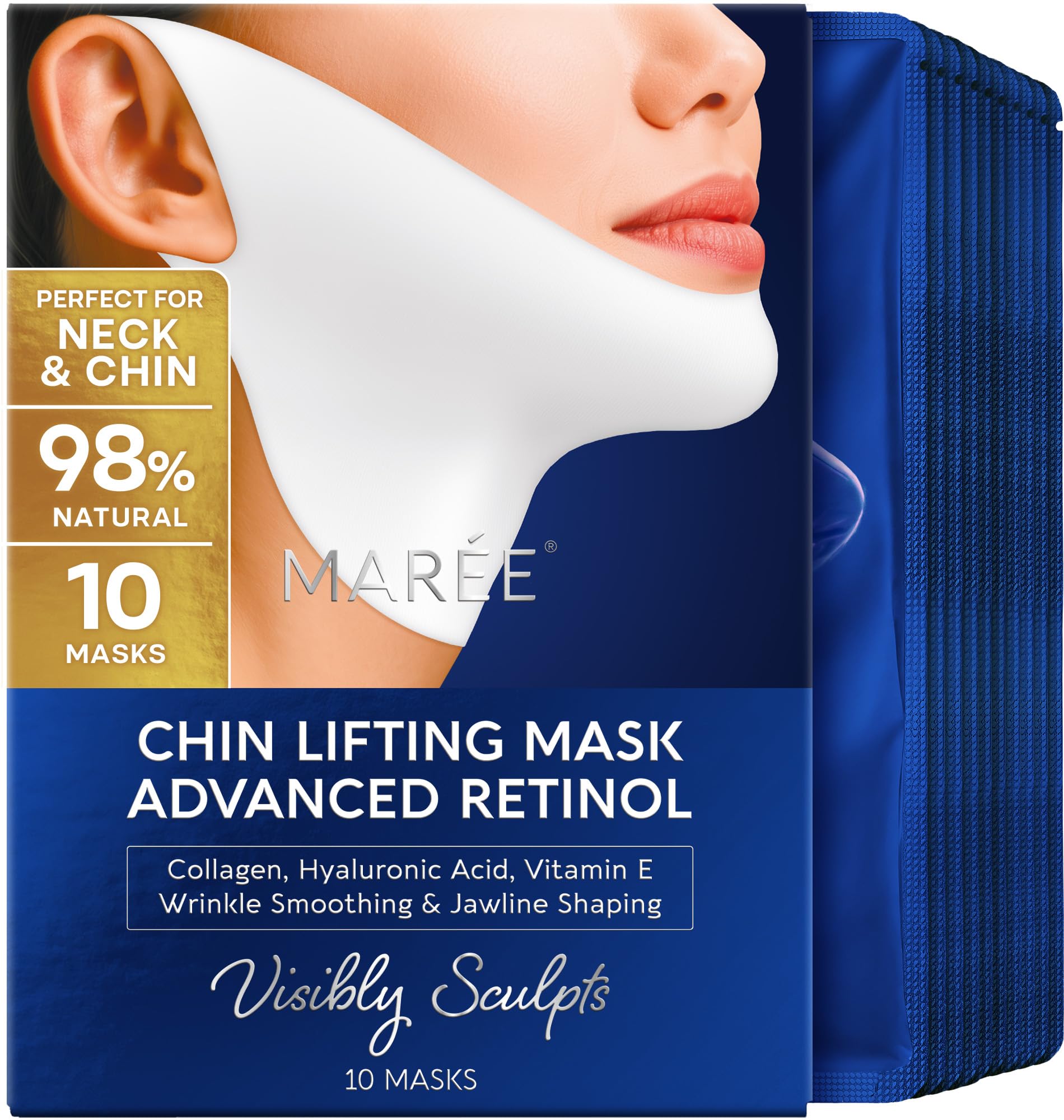 MAREE V Line - Maschera per lifting facciale al retinolo e nastro per sollevamento del collo, riduttore del doppio mento e modellatore della mascella, maschera facciale al collagene al retinolo per