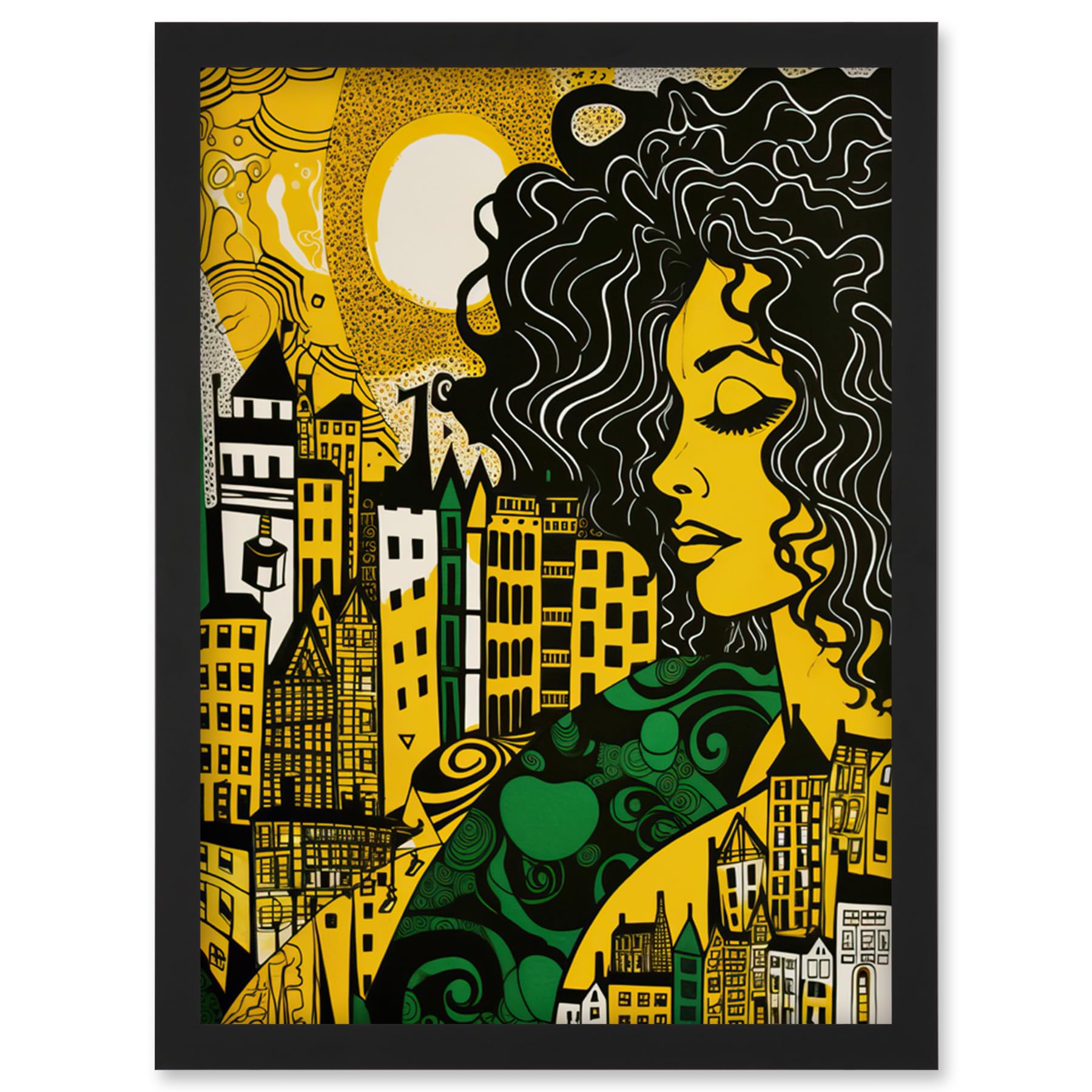 Artery8 Woman and Edinburgh Cityscape Yellow Green Linocut Artwork Framed Wall Art Print A4