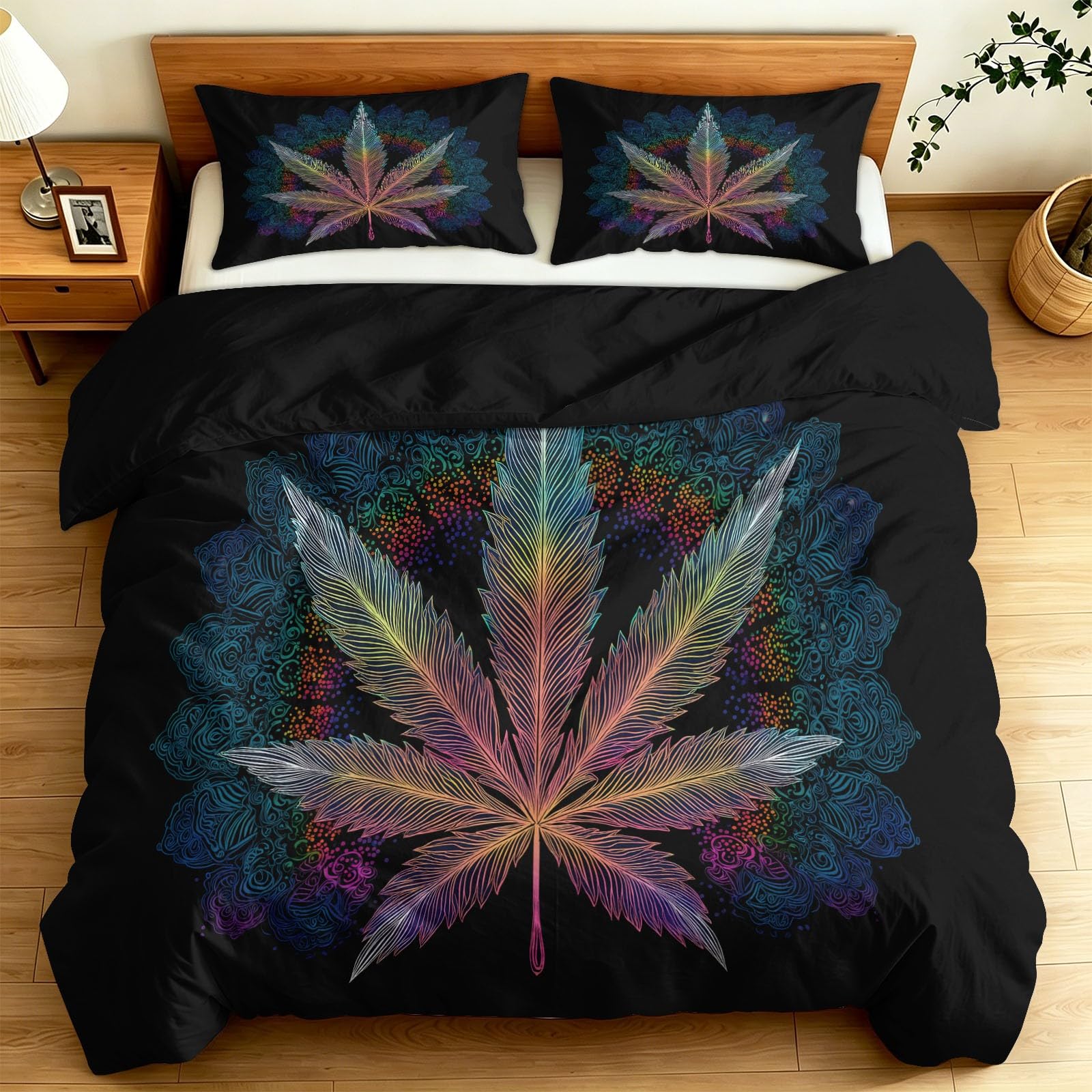 Biancheria da letto simmetrica con pianta di canapa e mandala, colore nero, stile psichedelico streetwear, in morbida microfibra, 155 x 220 cm, con 2 federe da 80 x 80 cm, per bambini, ragazze e