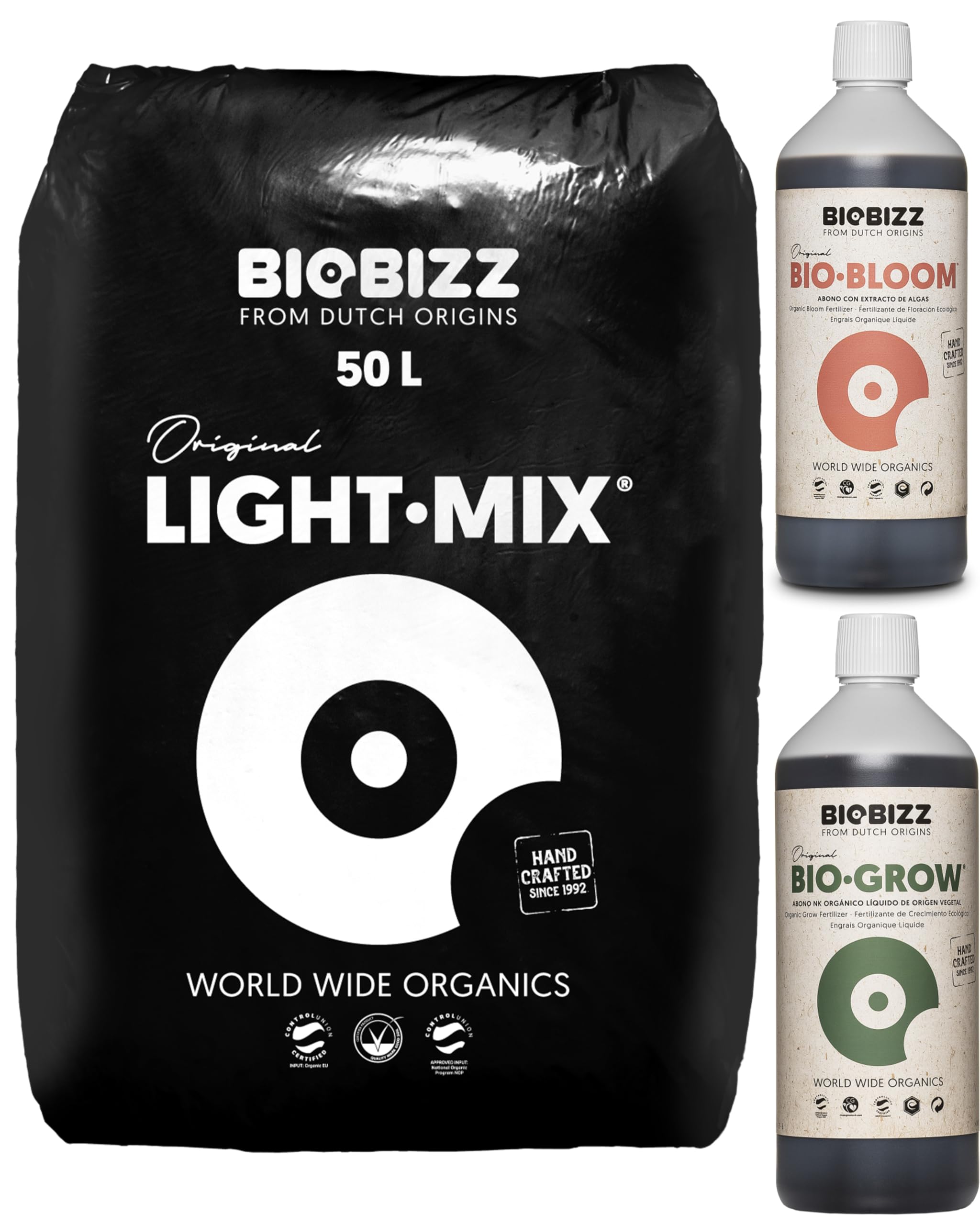 Biobizz Light Mix 50L mit Biobizz Dünger Set, Bio Grow 1 Liter, Bio Bloom 1 Liter, für kontrolliertes Pflanzenwachstum und Wurzelentwicklung