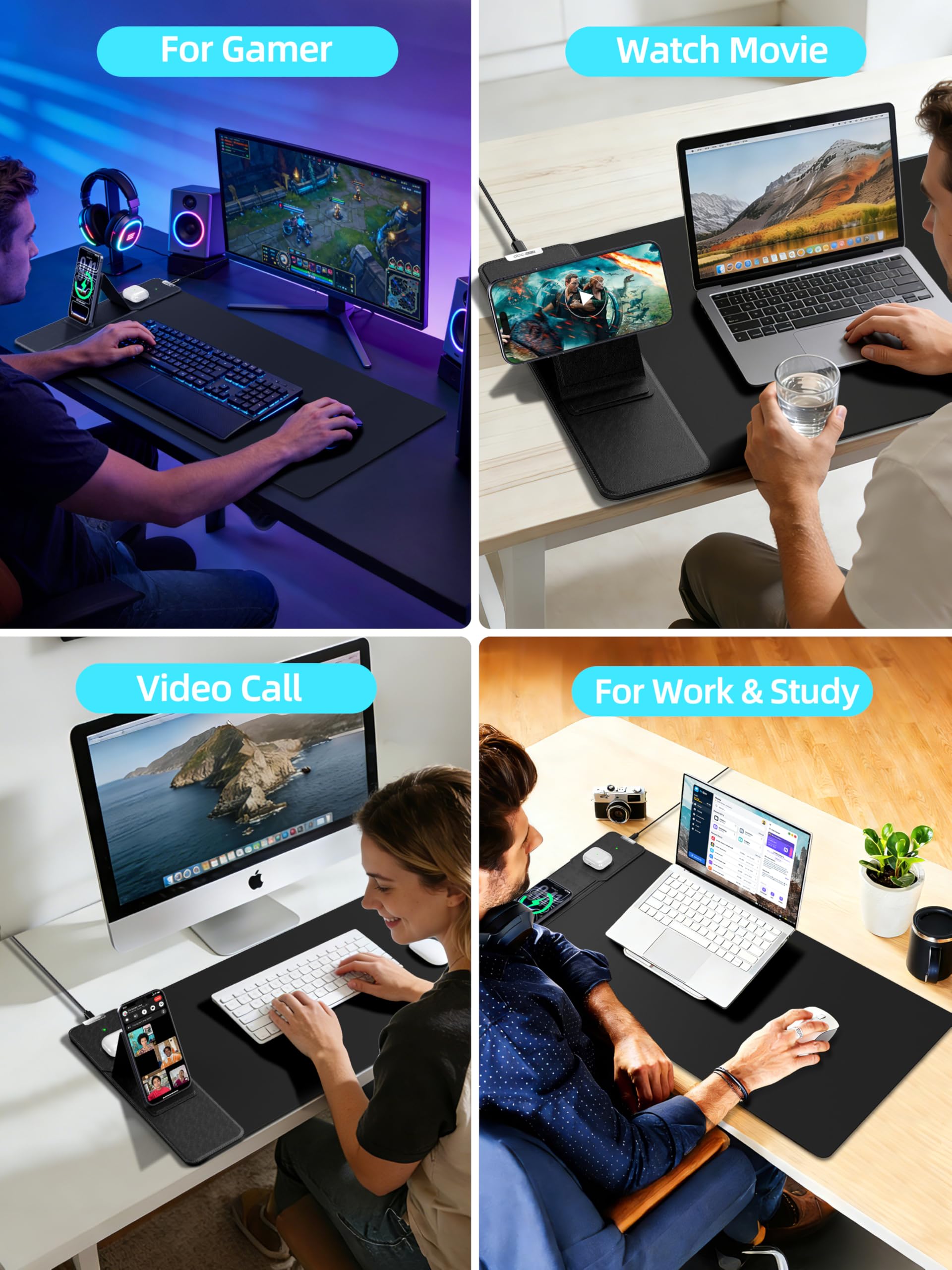 Alfombrilla de mouse con carga inalámbrica magnética y soporte ajustable para teléfono, alfombrilla de escritorio extendida de 31.5 x 15.8 pulgadas, almohadilla de teclado ultra suave impermeable