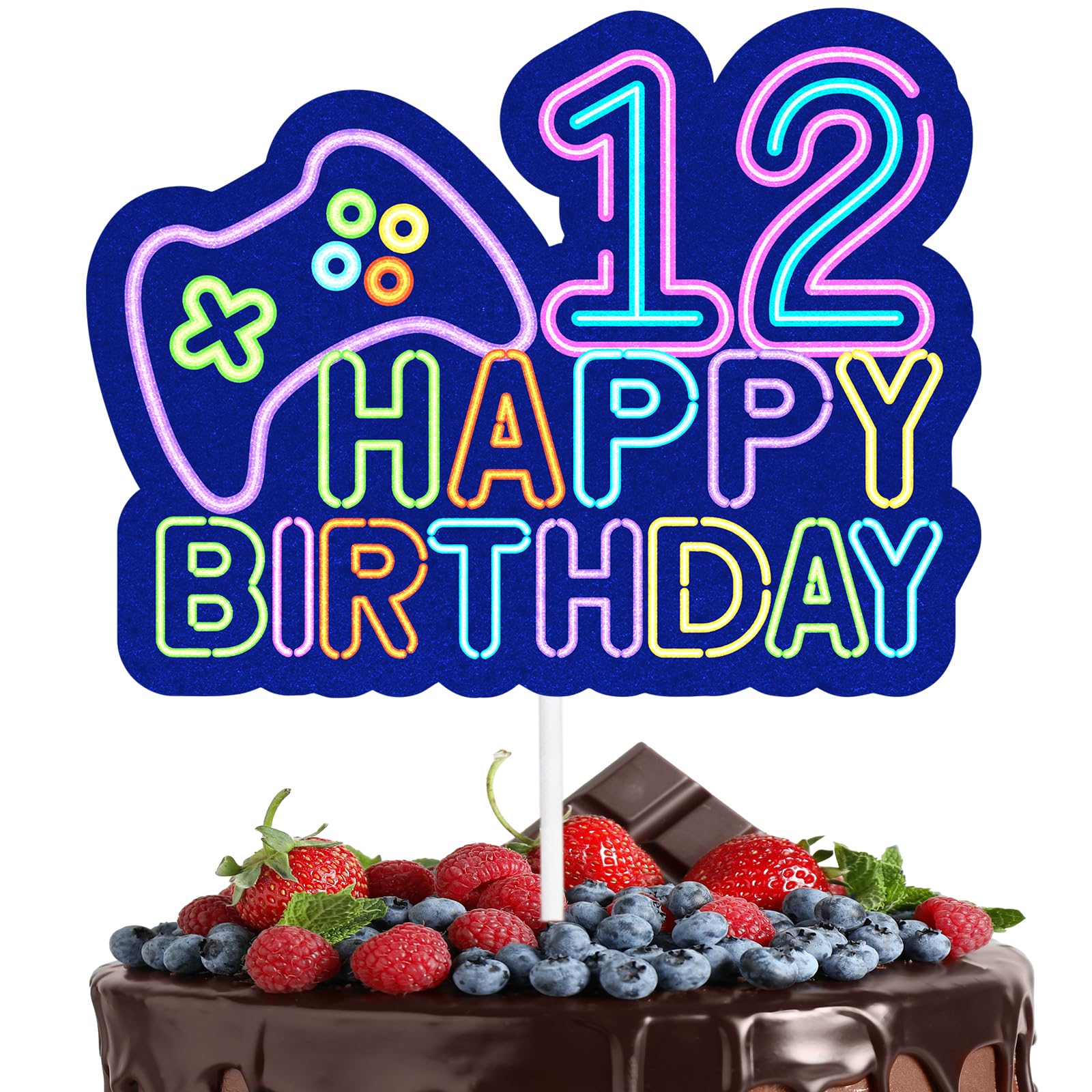 Game Night Cake Topper Video Game Themed 12th Happy Birthday Controller Unlocked Decoration, Game Night Party, Boy and Girl Birthday Party Neon Game