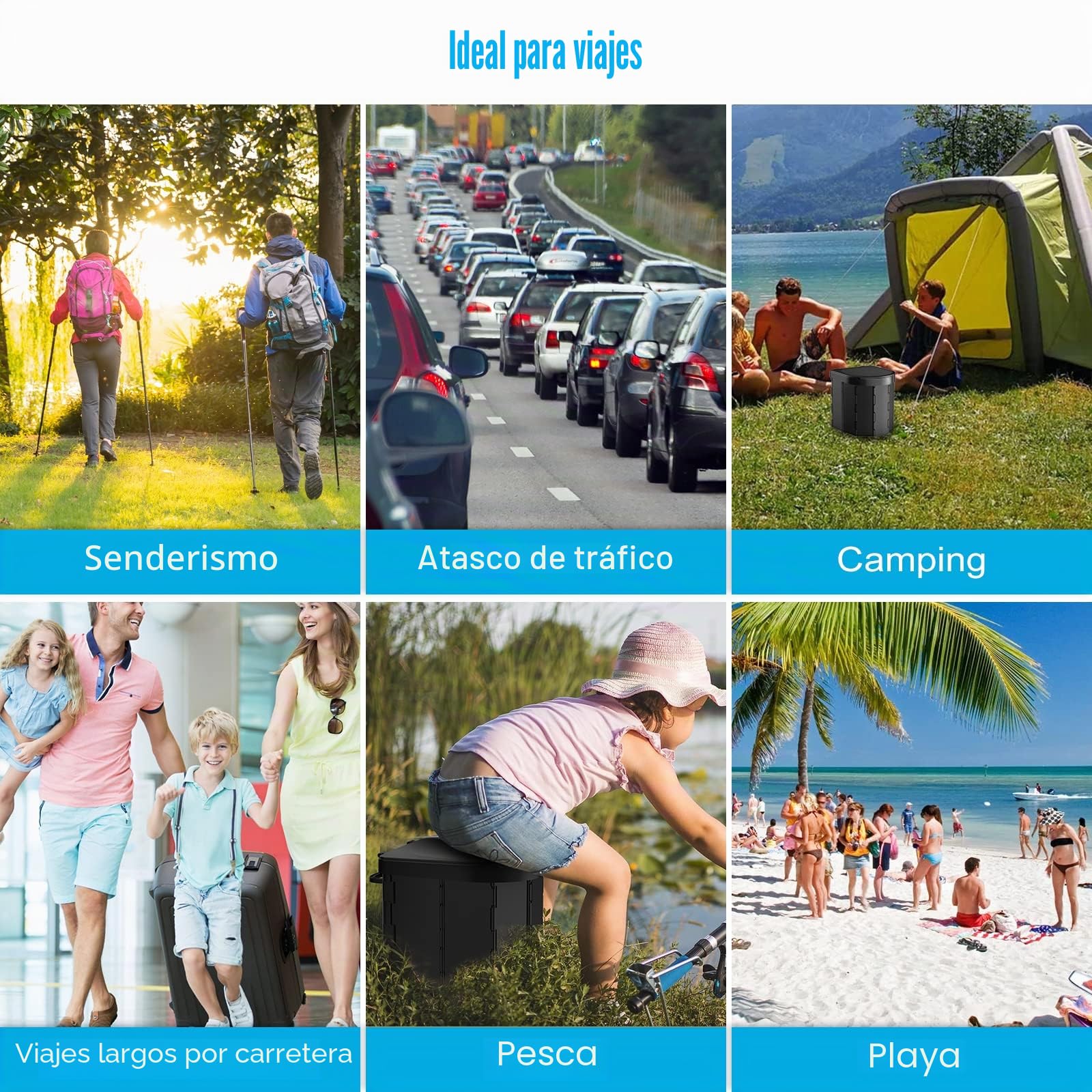Inodoro portátil para camping, plegable, para adultos, con tapa y soporte retráctil para papel higiénico, impermeable, con bolsa de transporte y fundas desechables, para camping, senderismo, caravanas