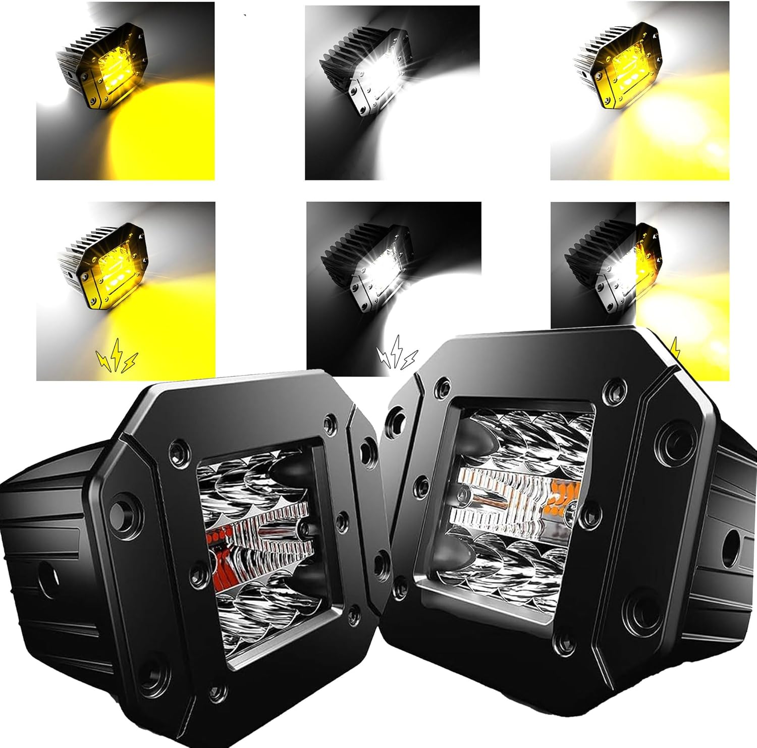 ASLONG 2PCS 5Inch LED Flush Mount Pods 6 Modes Amber/White Flasing Strobe Fog Lights Offroad Backup Light Reverse Light Grill Mount Light with Switch Wiring Harness for Trucks Polaris Boats Pickup ATV