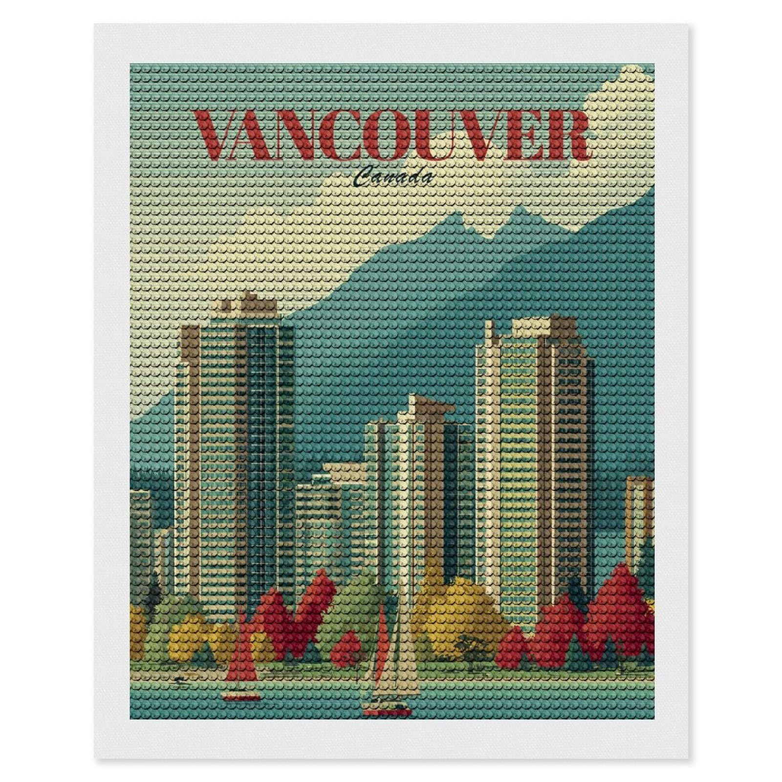 Junmoney Vancouver Cityscape with Mountains and Sailboats Diamond Painting Set 16"x20", Full Kit Included, Sparkling Round Gems, Farmhouse Decor, Festive Craft Gift