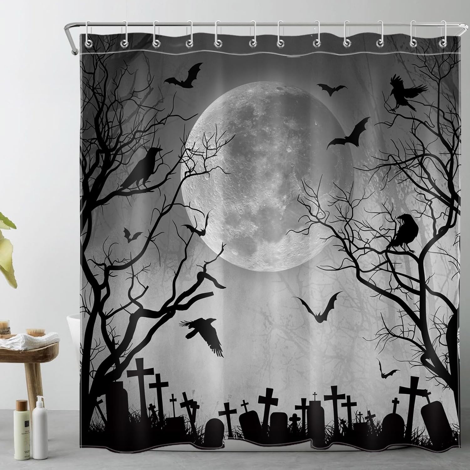 Halloween Shower Curtain Black Crow Bat and Dead Tree in Spooky Misty Forest Shower Curtain with Hooks, Scary Grey Full Moon Night Bathroom Curtains Shower Set Halloween Decor, 72X78Inches