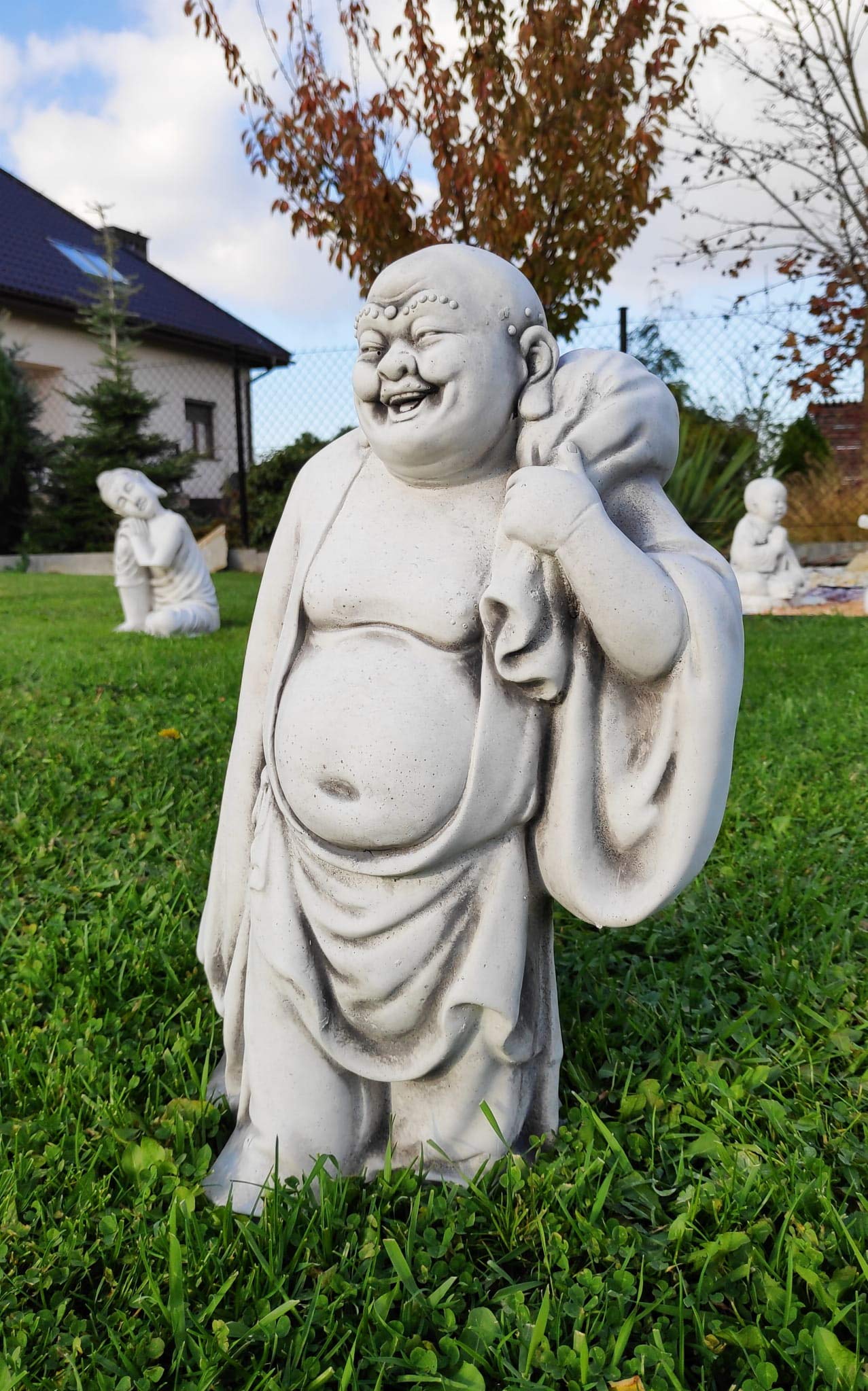 Statue en Pierre Ornement de Jardin Figurine de Joyeux Bouddha Voyageur