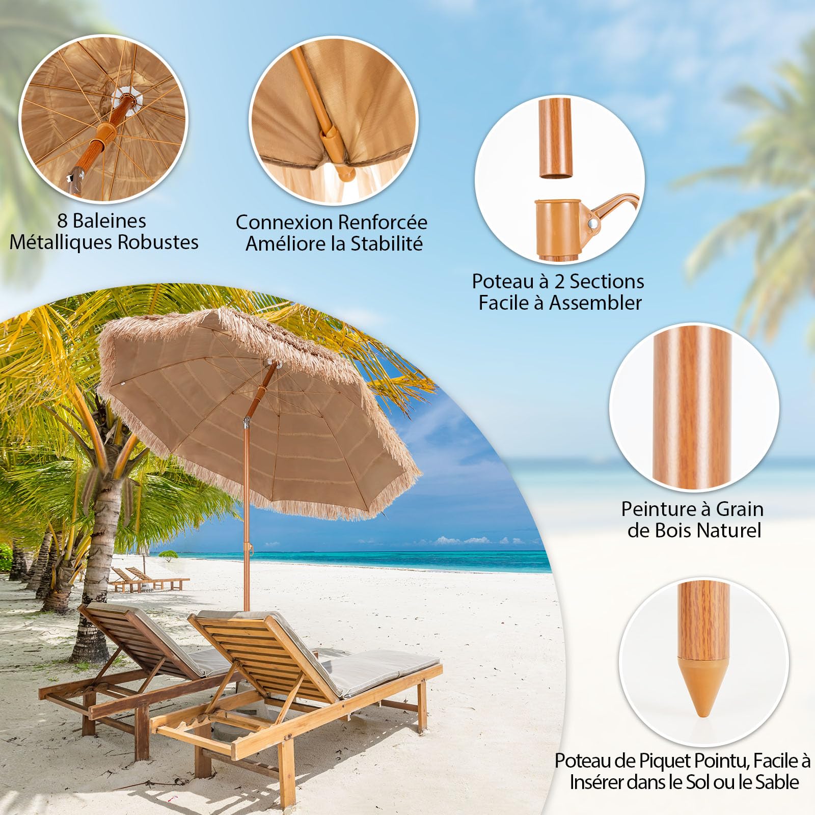 RELAX4LIFE Parasol Plage Tropicale Φ220 CM, Parasol Exotique Paille Hawaïen 8 Baleines Inclinable pour Balcon Patio Balcon