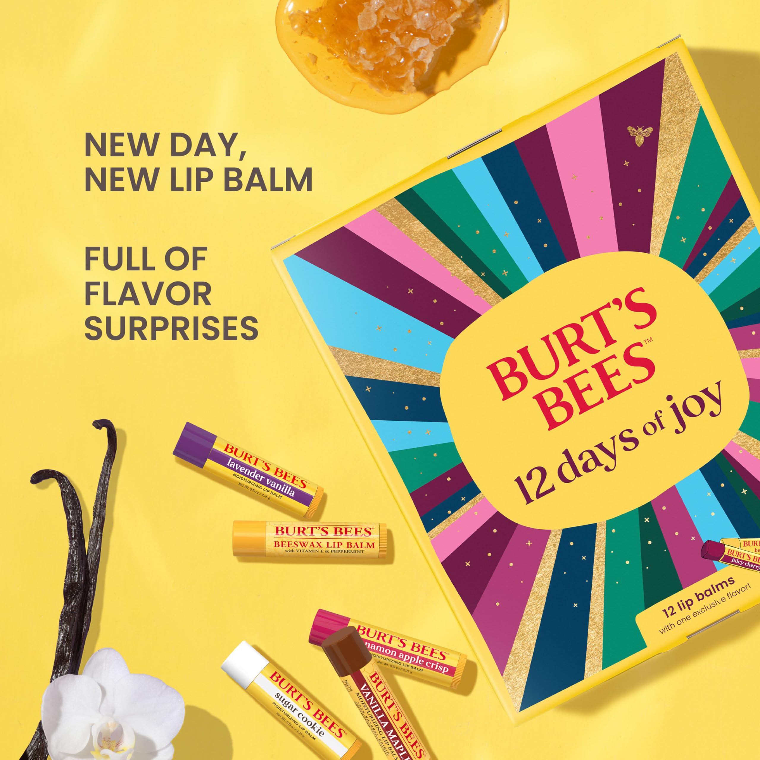 Burt’s Bees 12 Days of Joy Advent Calendar; 12 Surprise Lip Balms Including Juicy Cherry, an Amazon Exclusive; 24 Hour Moisture, 100% Natural Origin, Responsibly Sourced Beeswax, 12 Tubes, 0.15 Oz.