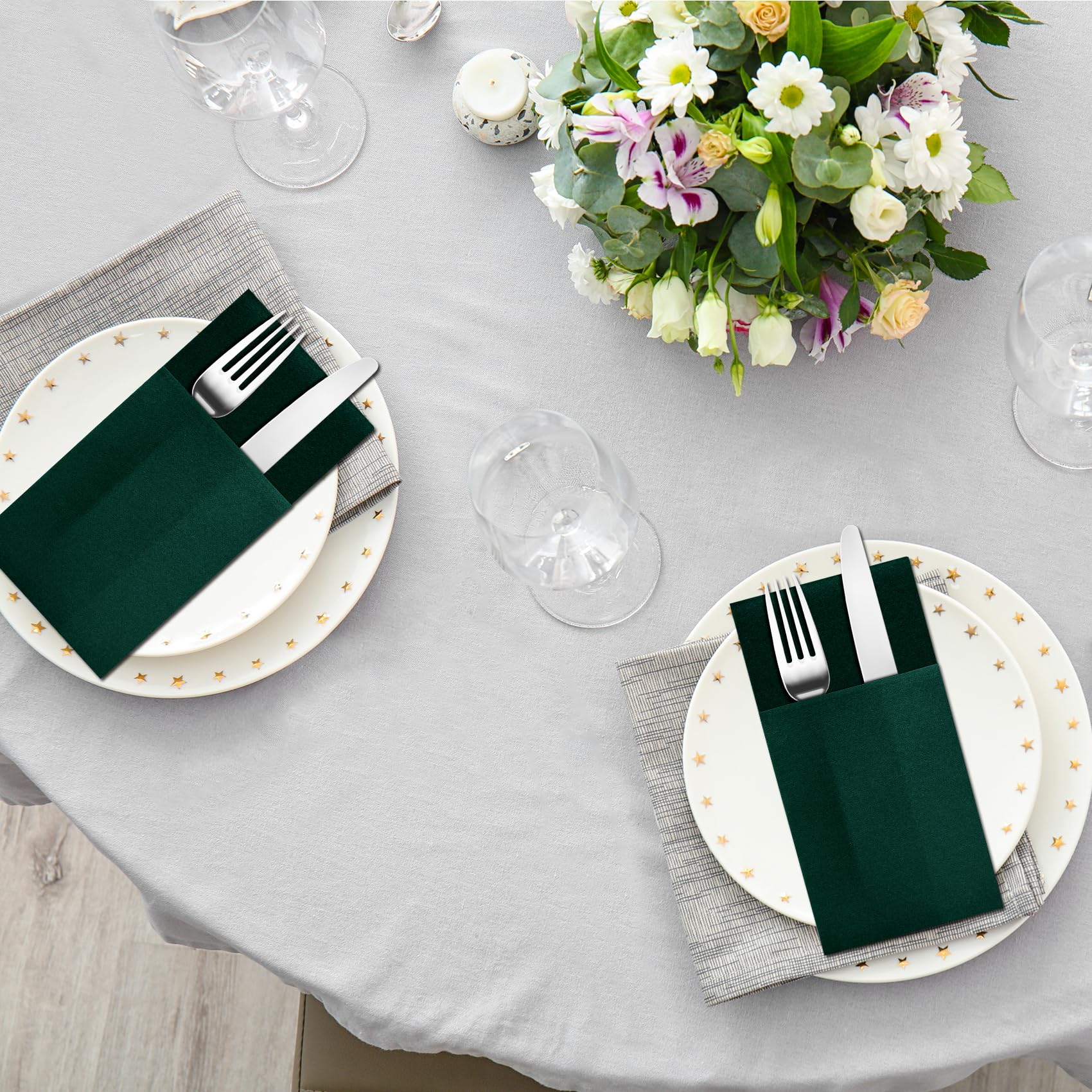 Tovaglioli verde scuro usa e getta, tovaglioli da cena in lino con tasca prepiegata integrata per posate, asciugamani di carta per ospiti, per matrimoni, cene o feste (40,6 x 40,6 cm, 50