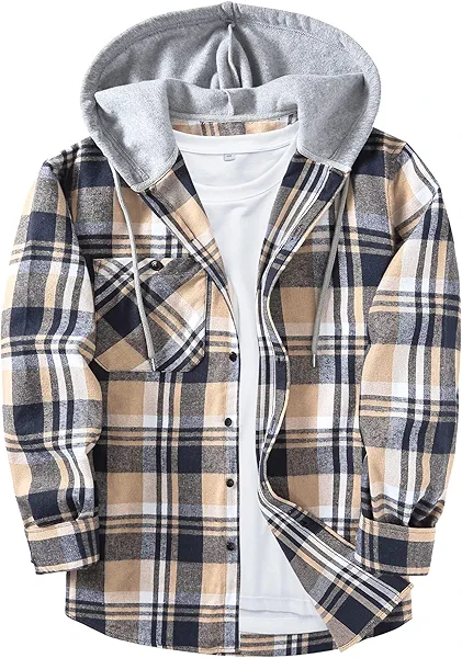 ZITY Men's Flannel Hoodie Shirts Casual Button Down Plaid Shirt Jackets for Men Long Sleeve Stylish Hooded with Pocket Large Navybeigewhite