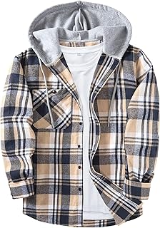ZITY Men's Flannel Hoodie Shirts Casual Button Down Plaid Shirt Jackets ...