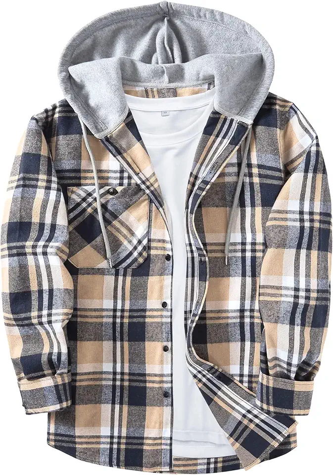 ZITY Men's Flannel Hoodie Shirts Casual Button Down Plaid Shirt Jackets for Men Long Sleeve Stylish Hooded with Pocket